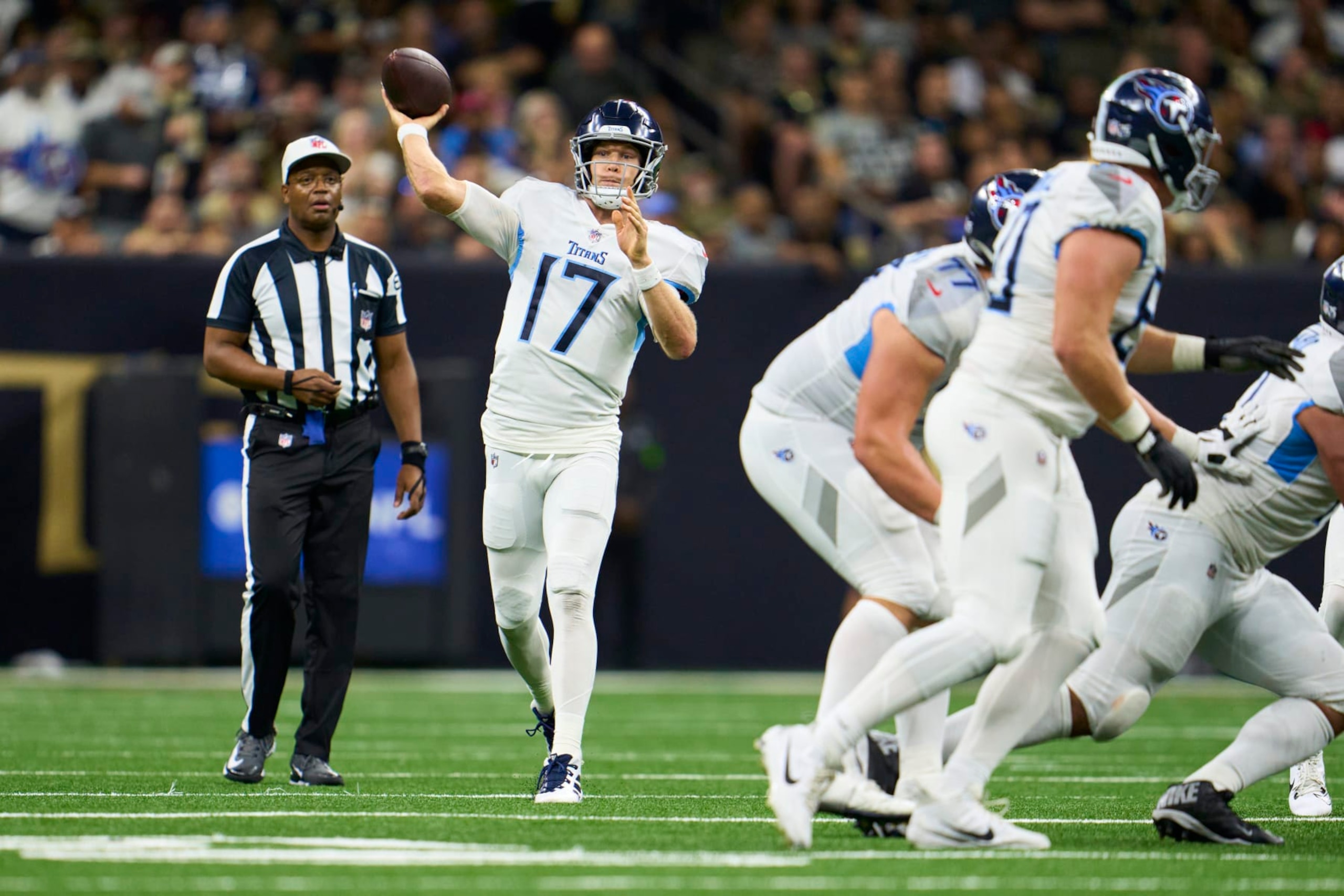 NEW ORLEANS, LA - SEPTEMBER 10: Ryan Tannehill #17 of the Tennessee Titans drops back to pass against the New Orleans Saints during the second half at Caesars Superdome on September 10, 2023 in New Orleans, Louisiana. (Photo by Cooper Neill/Getty Images)