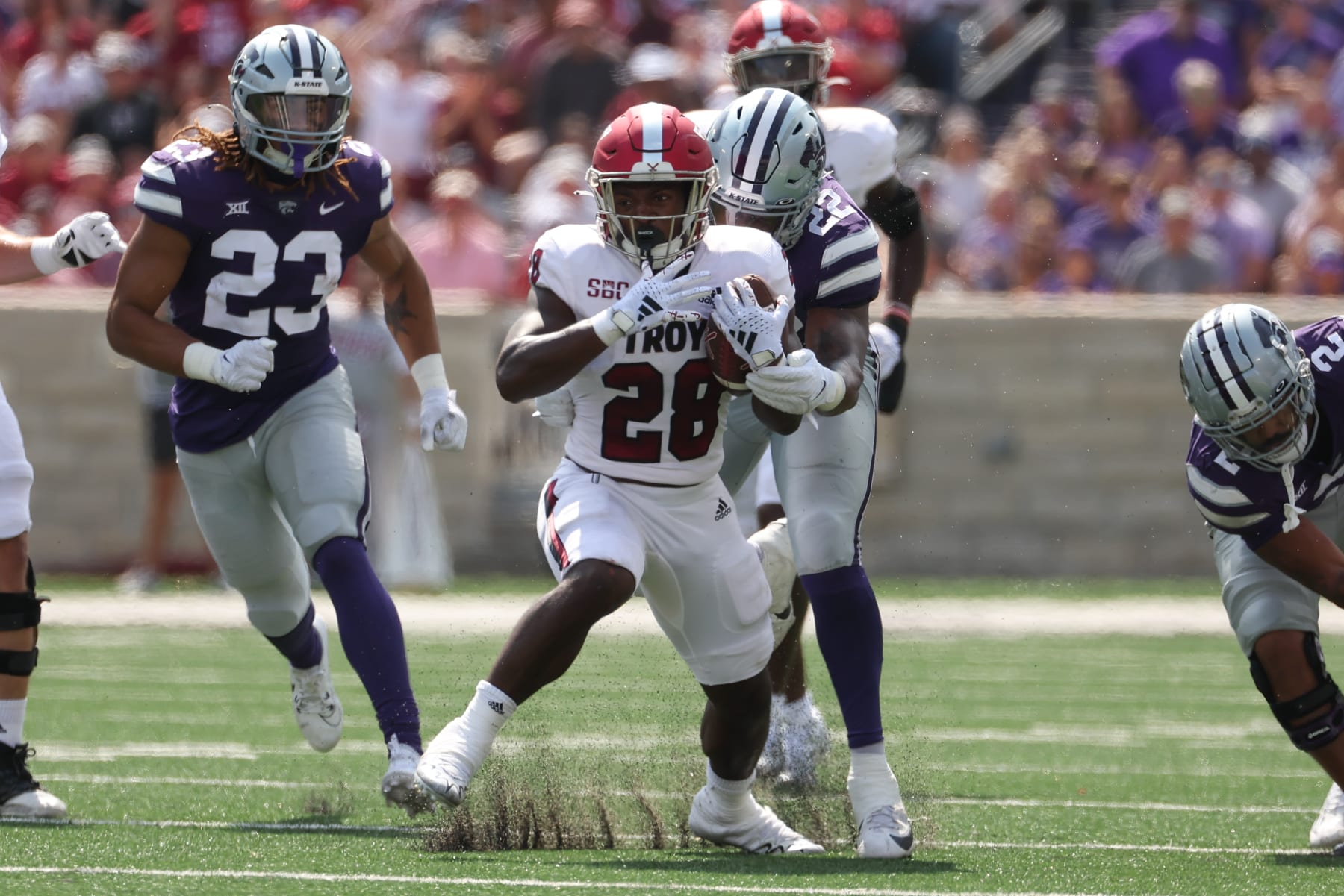 MANHATTAN, KS - SEPTEMBER 09: Troy Trojans running back Kimani Vidal (28) finds running room in the second quarter of a college football game between the Troy Trojans and Kansas State Wildcats on Sep 9, 2023 at Bill Snyder Family Stadium in Manhattan, KS. (Photo by Scott Winters/Icon Sportswire via Getty Images)