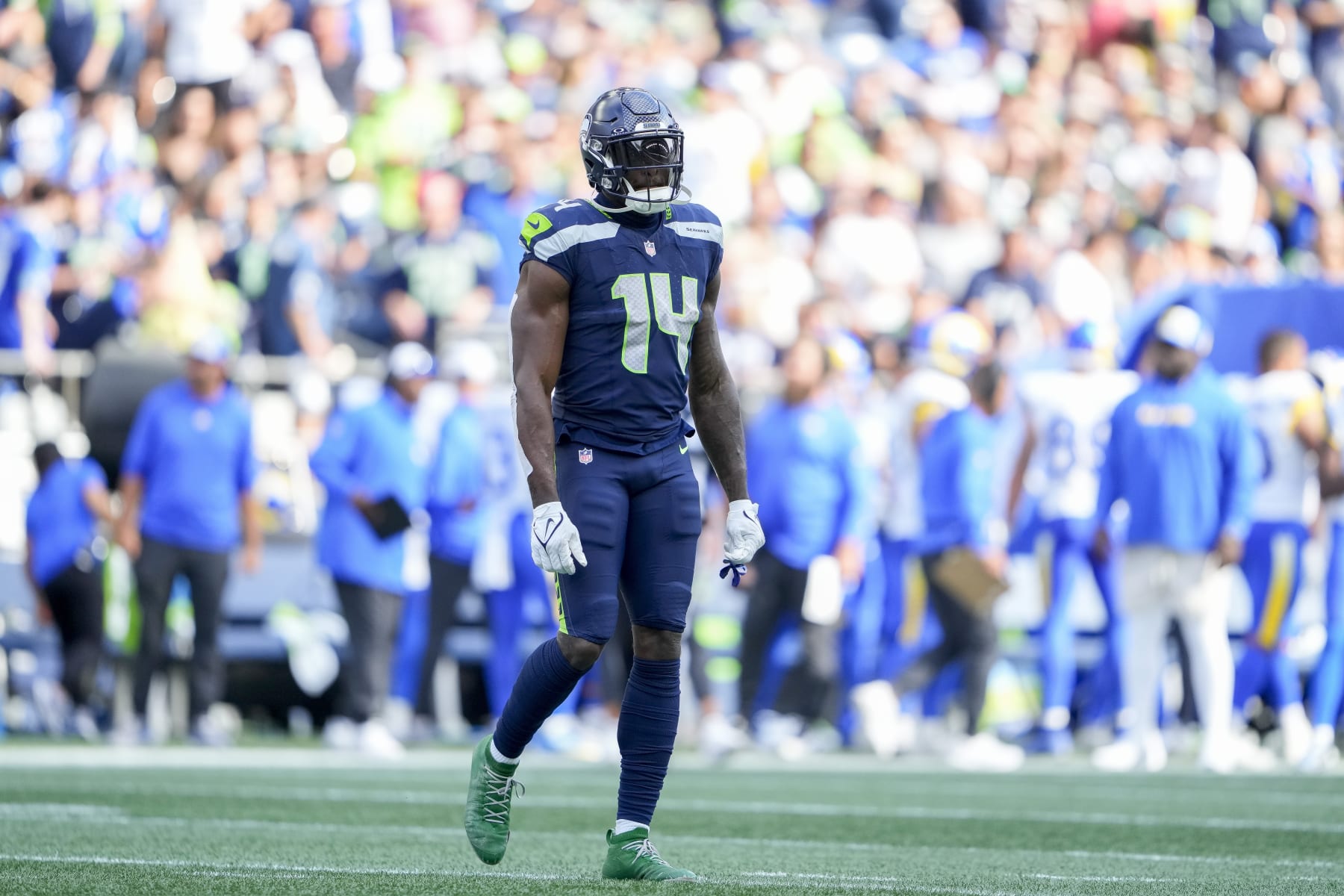 Seattle Seahawks wide receiver DK Metcalf (14) stands on the field during the second half of an NFL football game against the Los Angeles Rams, Sunday, Sept. 10, 2023, in Seattle. (AP Photo/Lindsey Wasson)