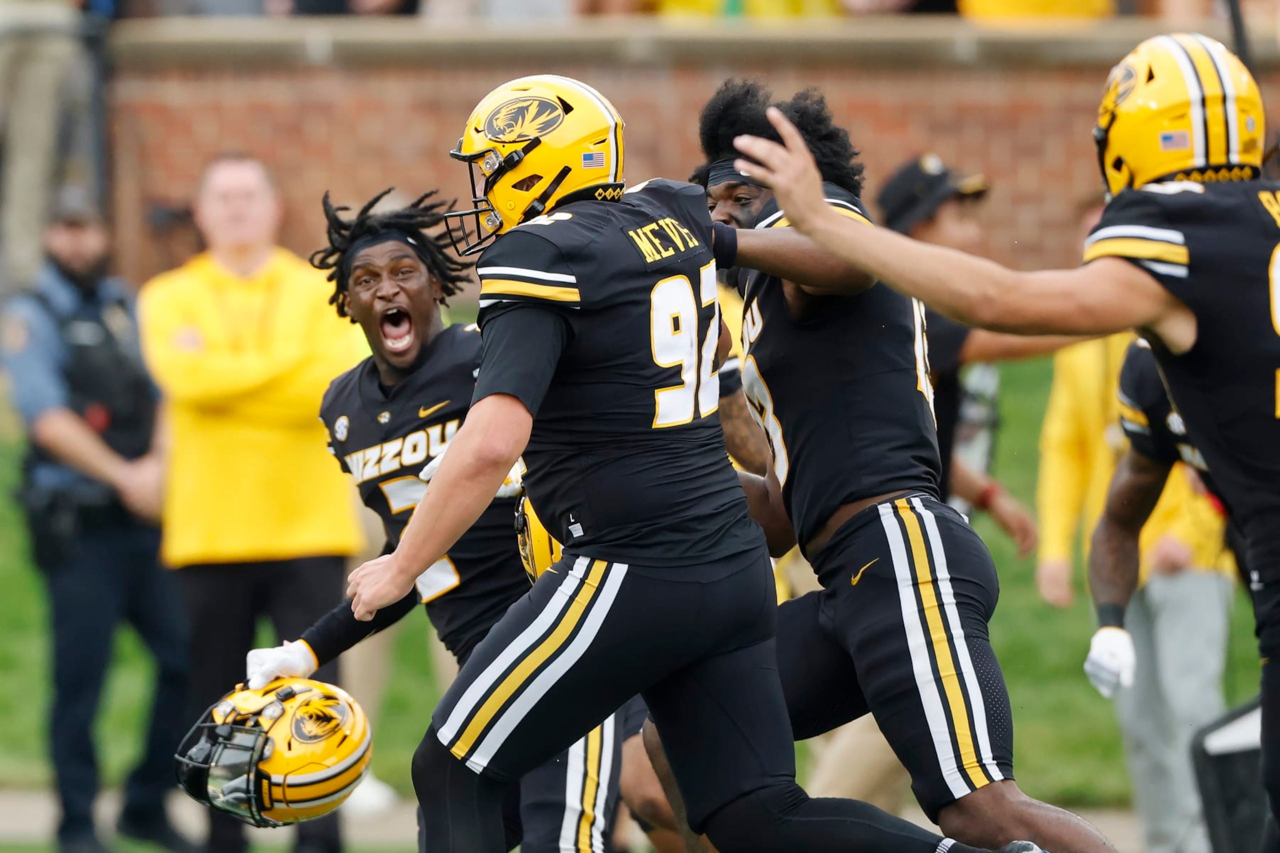 Missouri place kicker Harrison Mevis (92) is congratulated by his teammates after making a 61-yard field goal to win an NCAA football game against Kansas State on Saturday, Sept. 16, 2023 in Columbia, Mo. (AP Photo/Colin E. Braley) Missouri place kicker Harrison Mevis (92) is congratulated by his teammates after making a 61-yard field goal to win an NCAA football game against Kansas State on Saturday, Sept. 16, 2023 in Columbia, Mo. (AP Photo/Colin E. Braley)