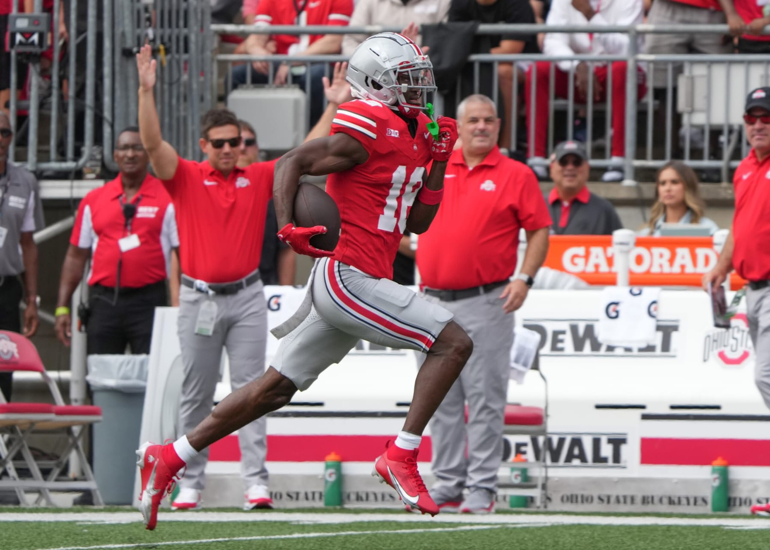 COLUMBUS, OH - SEPTEMBER 09: Wide receiver Marvin Harrison Jr. #18 of the Ohio State Buckeyes runs with the ball during the first half against the Youngstown State Penguins at Ohio Stadium in Columbus, Ohio on September 9, 2023. (Photo by Jason Mowry/Icon Sportswire via Getty Images)
