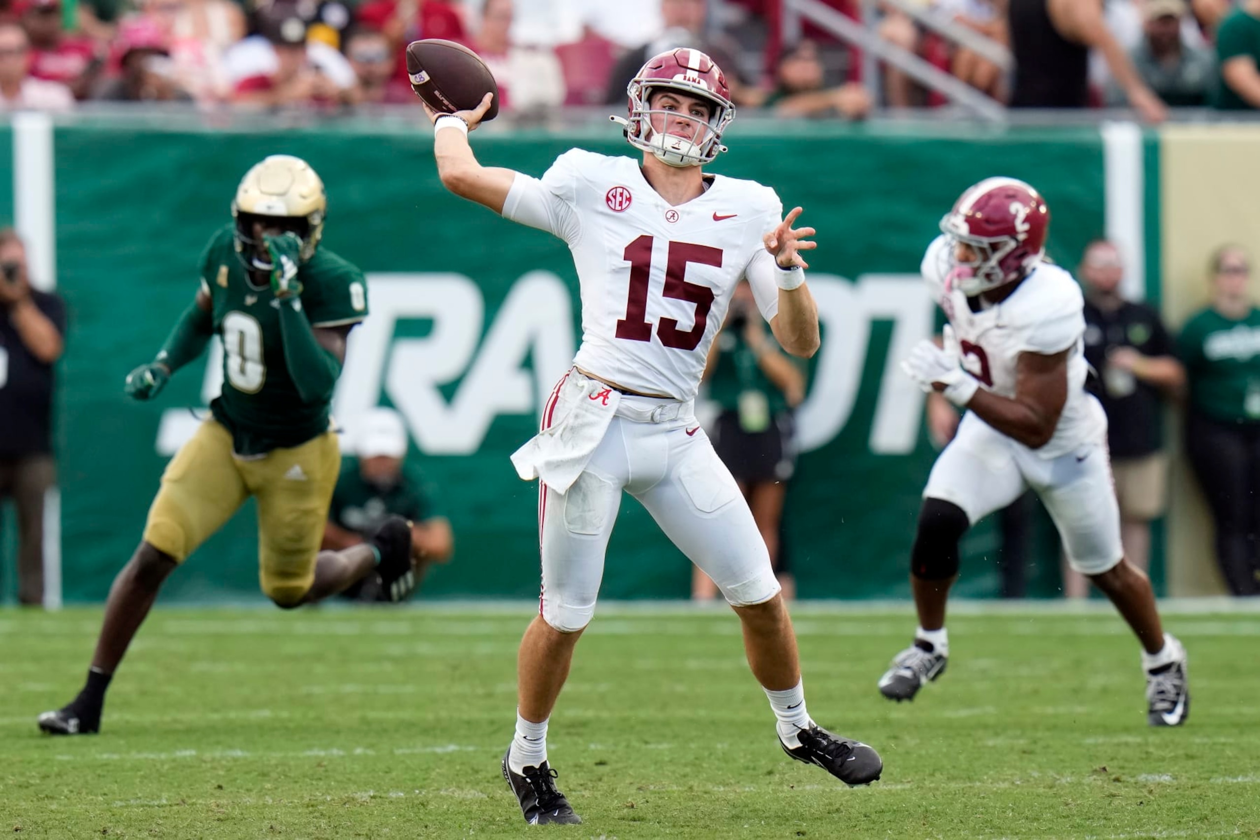 Alabama quarterback Ty Simpson (15) throws a pass against South Florida during the first half of an NCAA college football game Saturday, Sept. 16, 2023, in Tampa, Fla. (AP Photo/Chris O'Meara) Alabama quarterback Ty Simpson (15) throws a pass against South Florida during the first half of an NCAA college football game Saturday, Sept. 16, 2023, in Tampa, Fla. (AP Photo/Chris O'Meara)