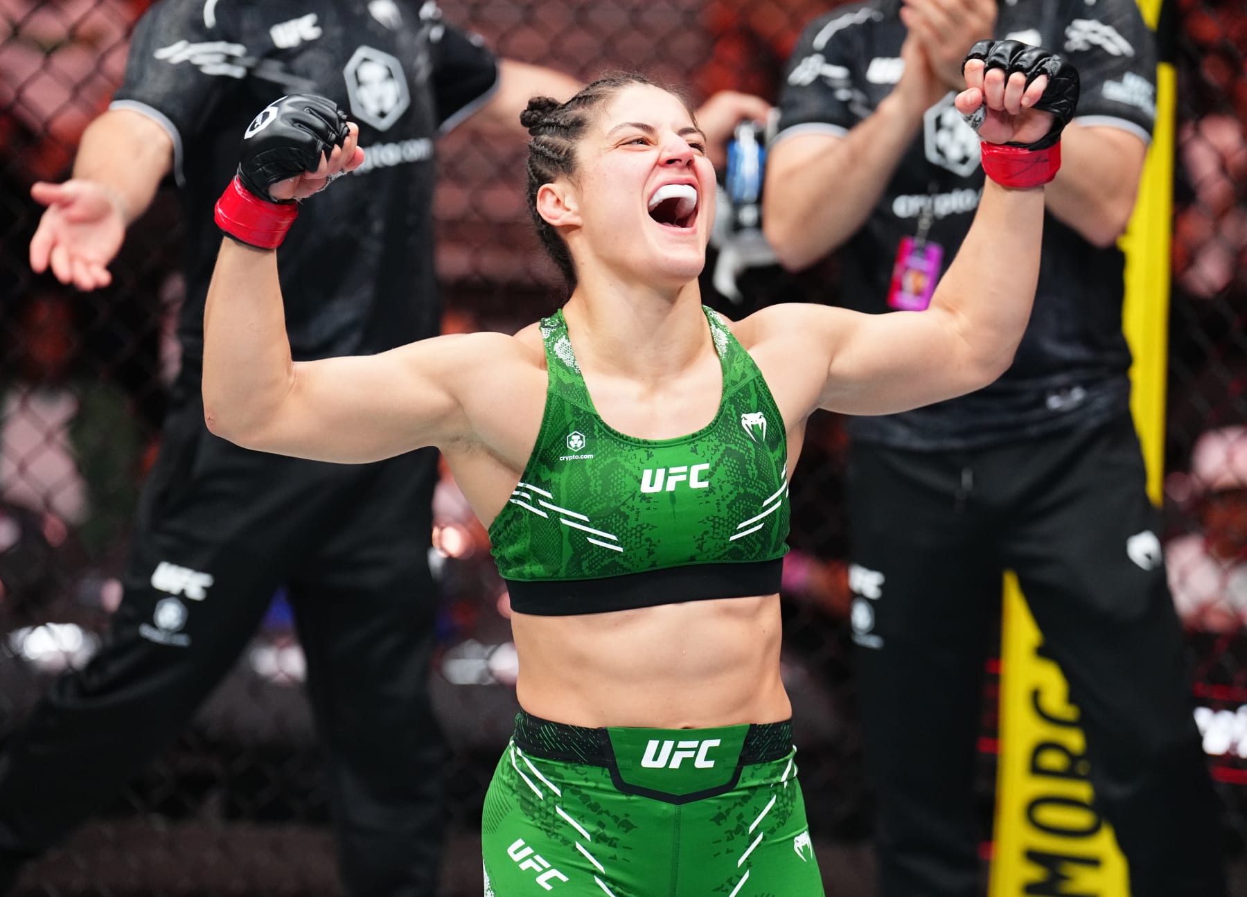 LAS VEGAS, NEVADA - SEPTEMBER 16: Loopy Godinez of Mexico reacts after her submission victory over Elise Reed in a strawweight fight during the Noche UFC event at T-Mobile Arena on September 16, 2023 in Las Vegas, Nevada. (Photo by Chris Unger/Zuffa LLC via Getty Images)