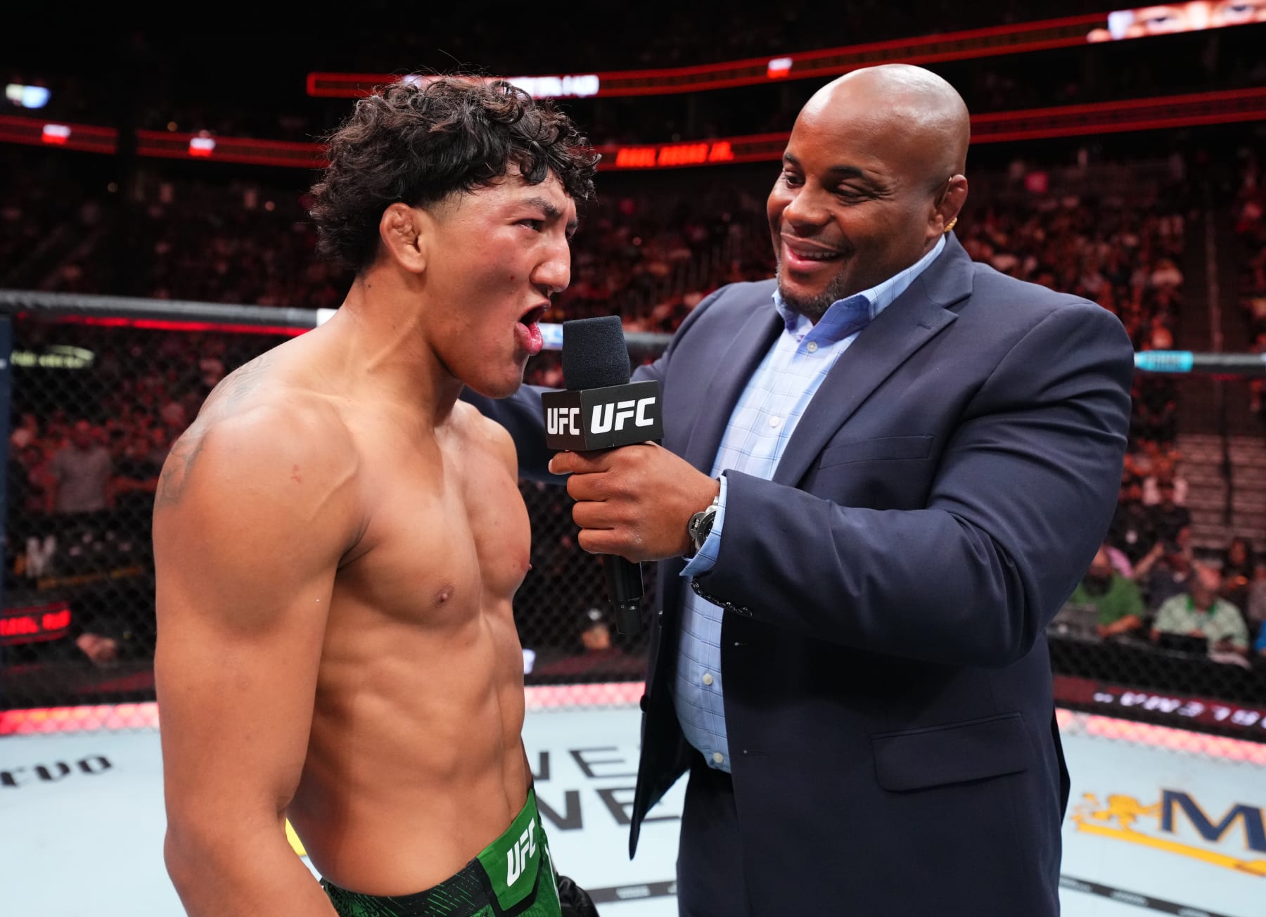 LAS VEGAS, NEVADA - SEPTEMBER 16: Raul Rosas Jr. reacts after his victory over Terrence Mitchell in a bantamweight fight during the Noche UFC event at T-Mobile Arena on September 16, 2023 in Las Vegas, Nevada. (Photo by Chris Unger/Zuffa LLC via Getty Images)