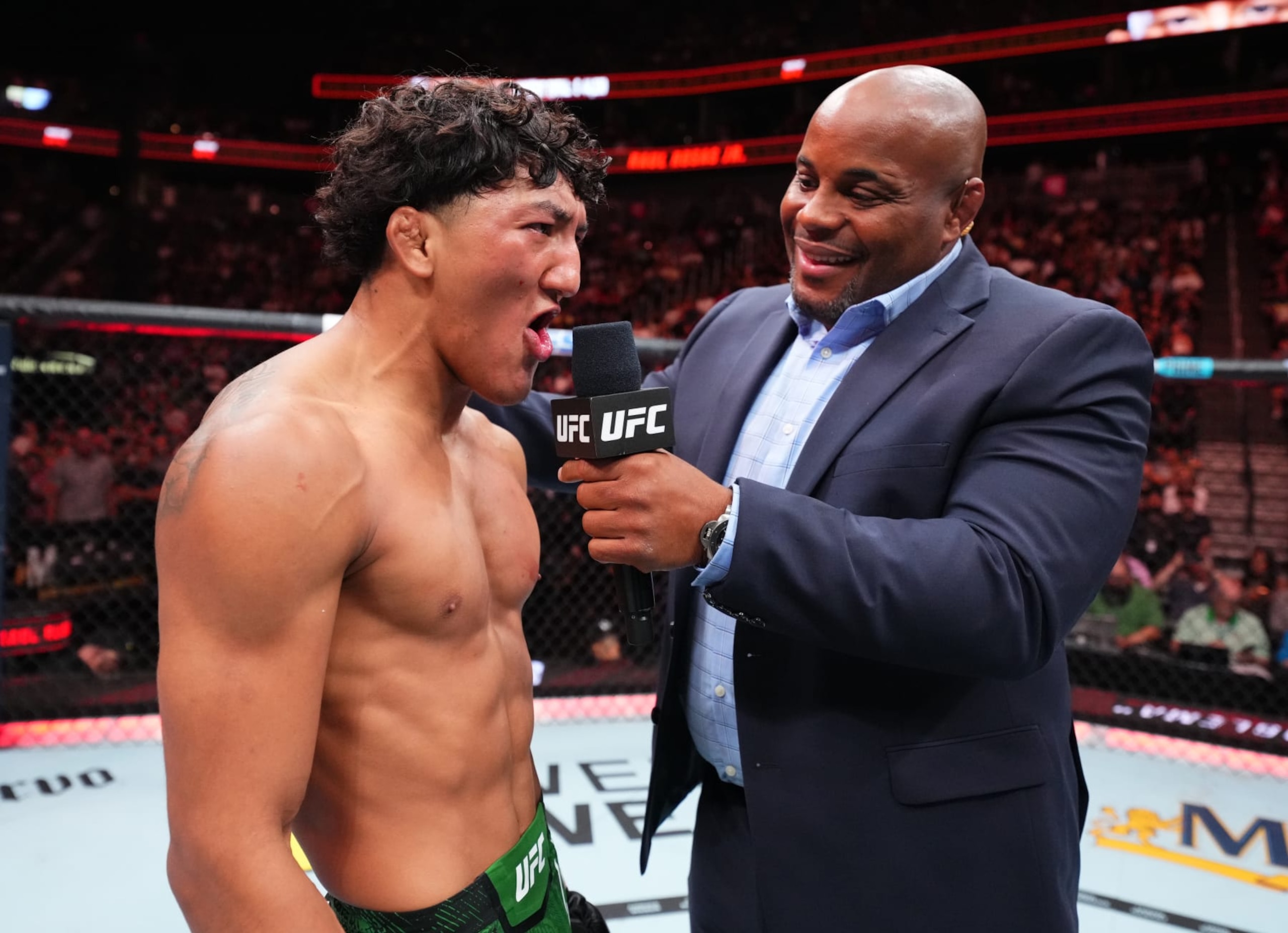 LAS VEGAS, NEVADA - SEPTEMBER 16: Raul Rosas Jr. reacts after his victory over Terrence Mitchell in a bantamweight fight during the Noche UFC event at T-Mobile Arena on September 16, 2023 in Las Vegas, Nevada. (Photo by Chris Unger/Zuffa LLC via Getty Images)