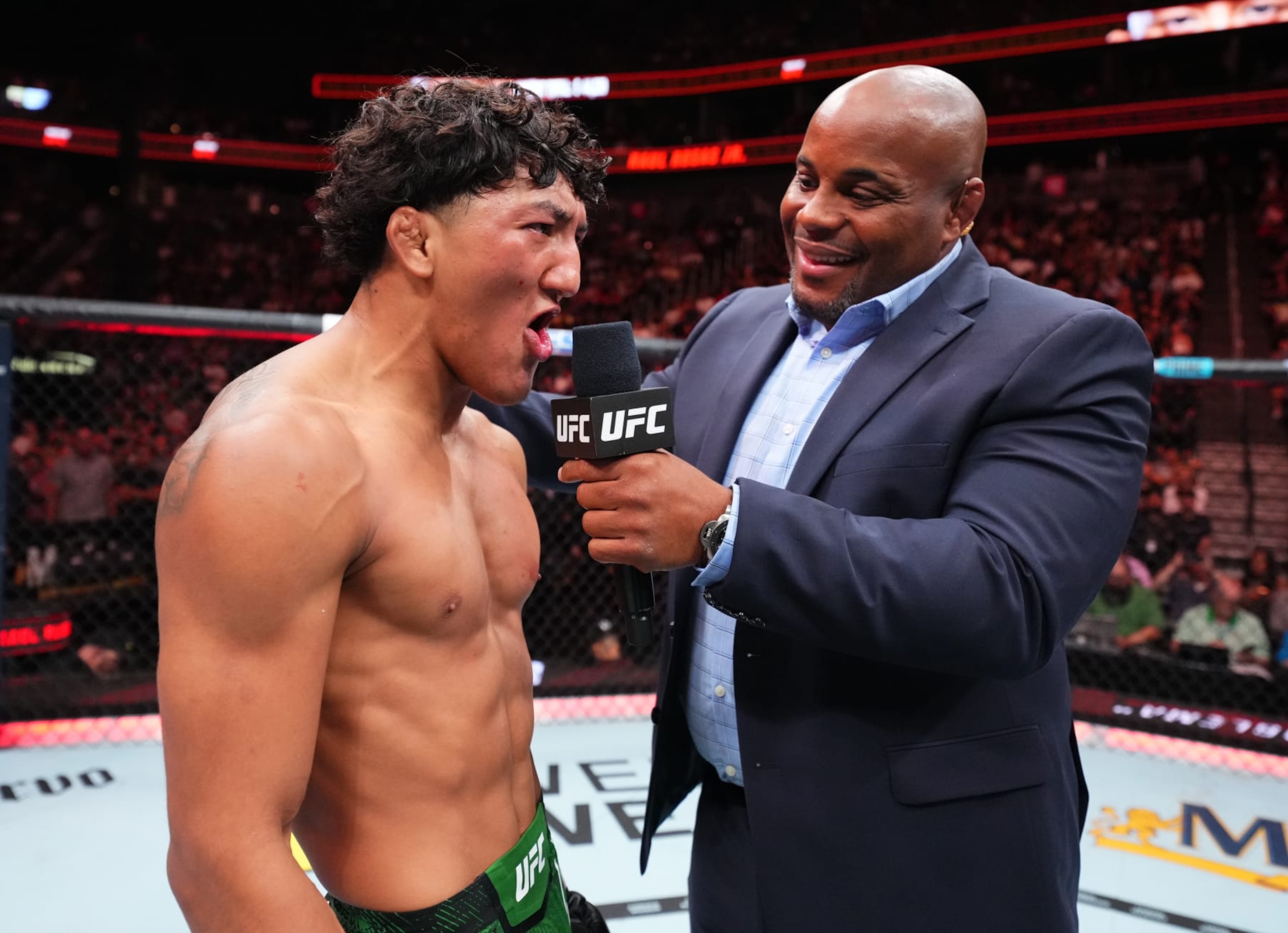 LAS VEGAS, NEVADA - SEPTEMBER 16: Raul Rosas Jr. reacts after his victory over Terrence Mitchell in a bantamweight fight during the Noche UFC event at T-Mobile Arena on September 16, 2023 in Las Vegas, Nevada. (Photo by Chris Unger/Zuffa LLC via Getty Images)