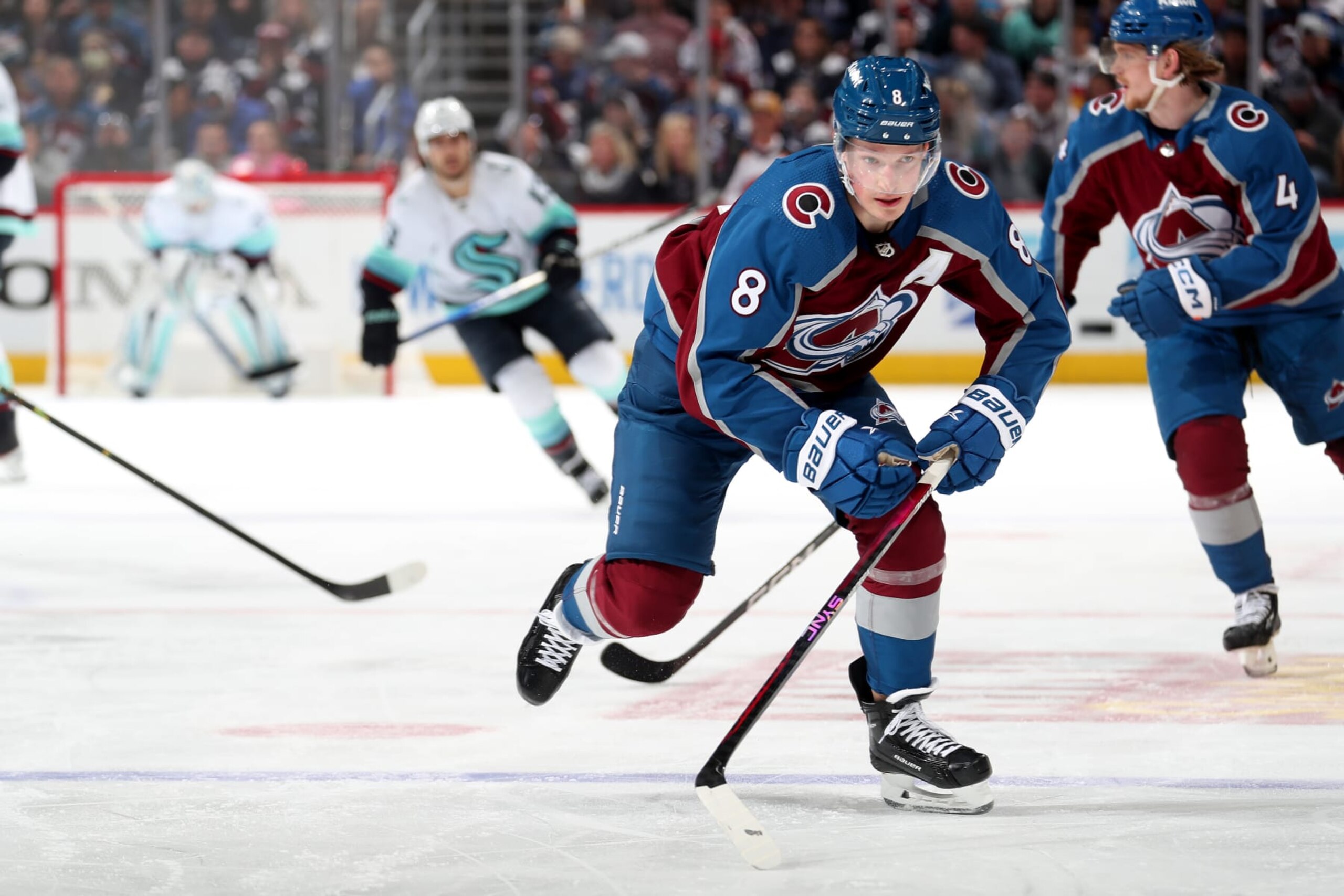 DENVER, COLORADO - APRIL 20: Cale Makar #8 of the Colorado Avalanche skates against the Seattle Kraken in Game Two of the First Round of the 2023 Stanley Cup Playoffs at Ball Arena on April 20, 2023 in Denver, Colorado. (Photo by Michael Martin/NHLI via Getty Images)
