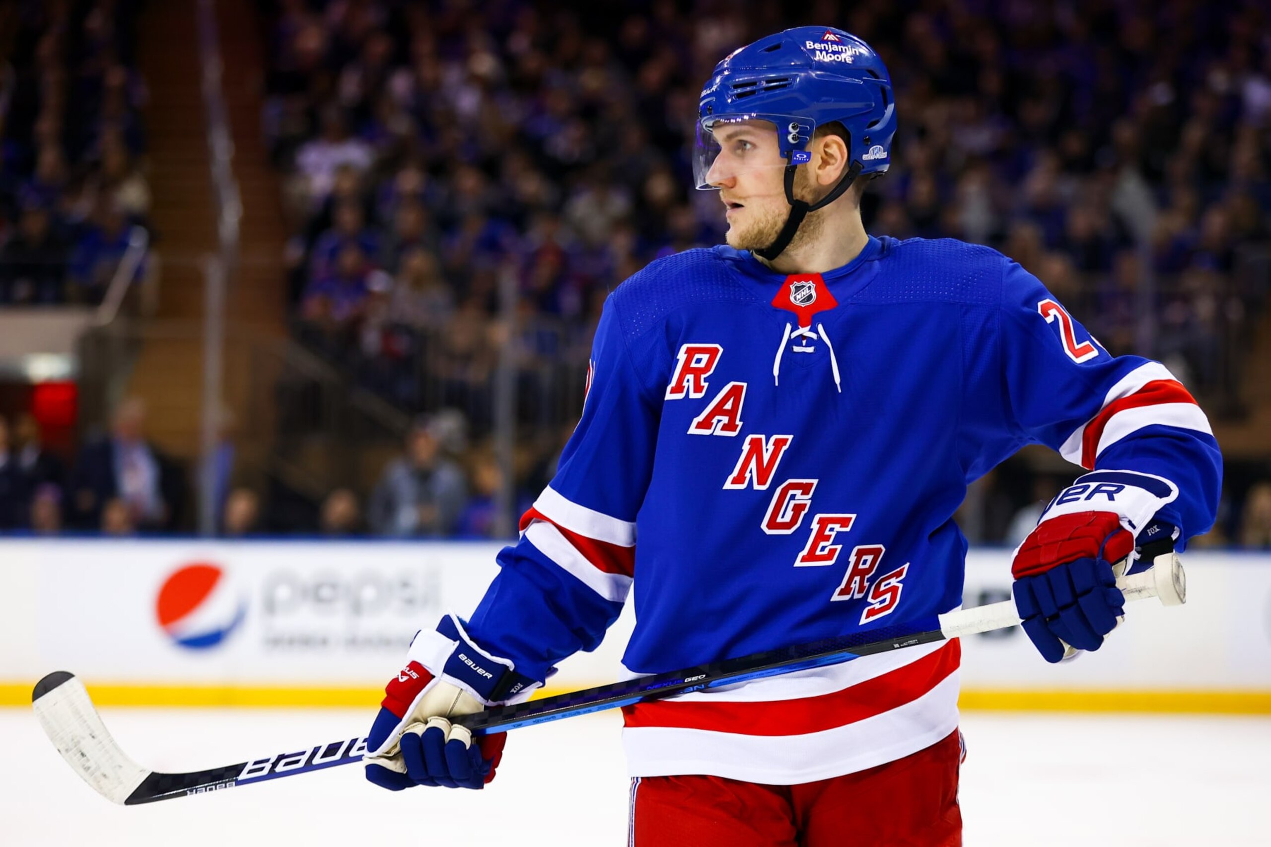 NEW YORK, NY - APRIL 24: New York Rangers Defenseman Adam Fox (23) is pictured during the third period of Game 4 of the National Hockey League Eastern Conference First Round between the New Jersey Devils and the New York Rangers on April 24, 2023 at Madison Square Garden in New York, NY. (Photo by Joshua Sarner/Icon Sportswire via Getty Images)