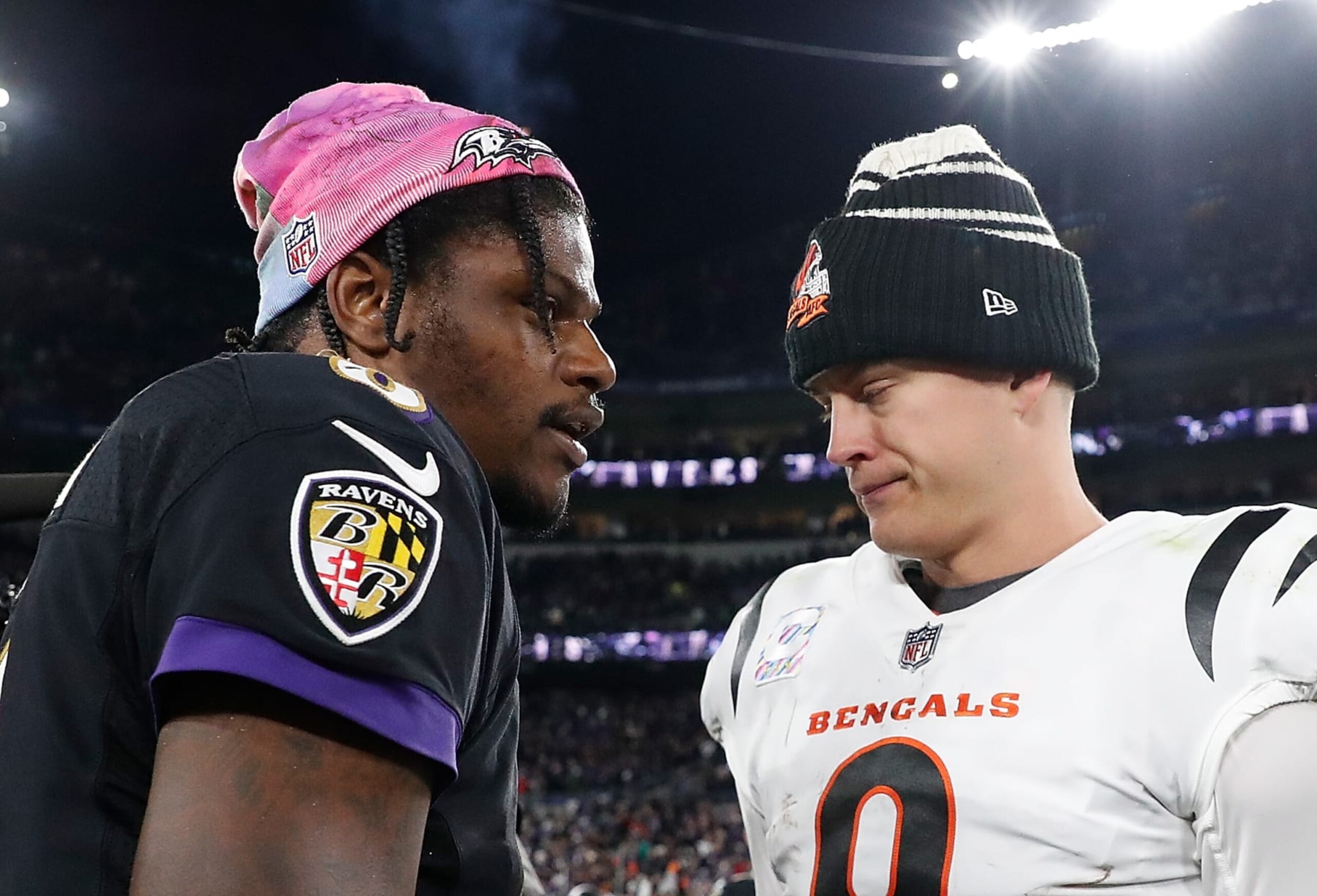 BALTIMORE, MARYLAND - OCTOBER 09:  Joe Burrow #9 of the Cincinnati Bengals reacts after their 19-17 loss to Lamar Jackson #8 of the Baltimore Ravens at M&T Bank Stadium on October 09, 2022 in Baltimore, Maryland. (Photo by Todd Olszewski/Getty Images)