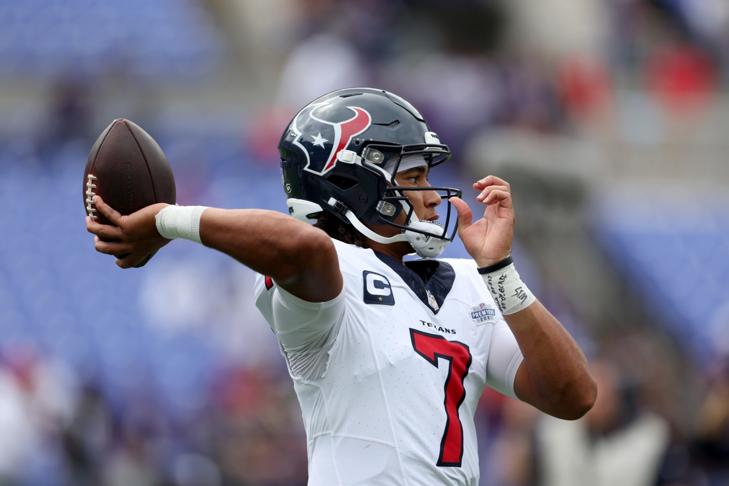 BALTIMORE, MARYLAND - SEPTEMBER 10: C.J. Stroud #7 of the Houston Texans warms up before the start of the Texans and Baltimore Ravens game at M&T Bank Stadium on September 10, 2023 in Baltimore, Maryland. (Photo by Rob Carr/Getty Images)