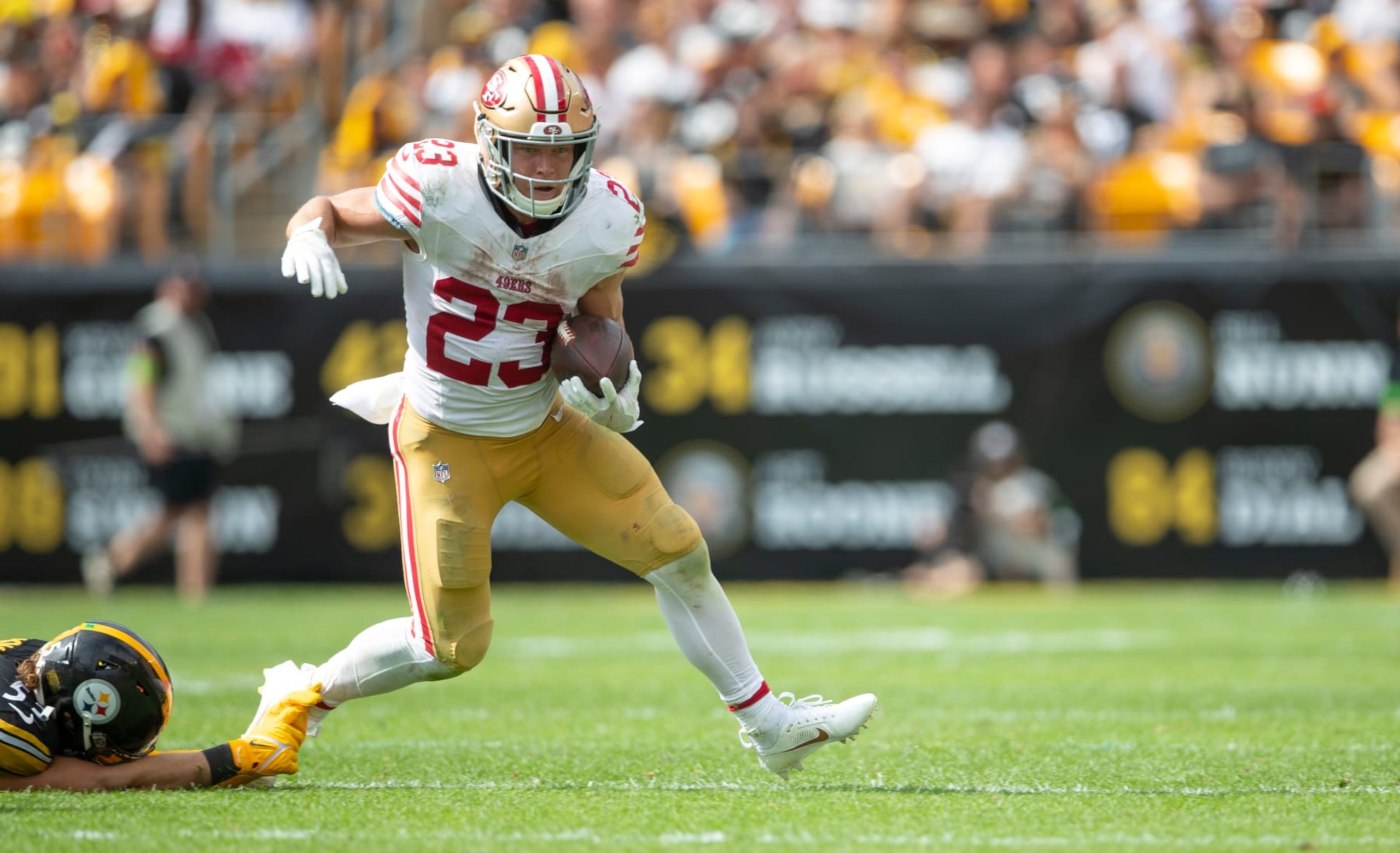 PITTSBURGH, PA - September 10: Christian McCaffrey #23 of the San Francisco 49ers rushes during the game against the Pittsburgh Steelers at Acrisure Stadium on September 10, 2023 in Pittsburgh, Pennsylvania. The 49ers defeated the Steelers 30-7. (Photo by Michael Zagaris/San Francisco 49ers/Getty Images)
