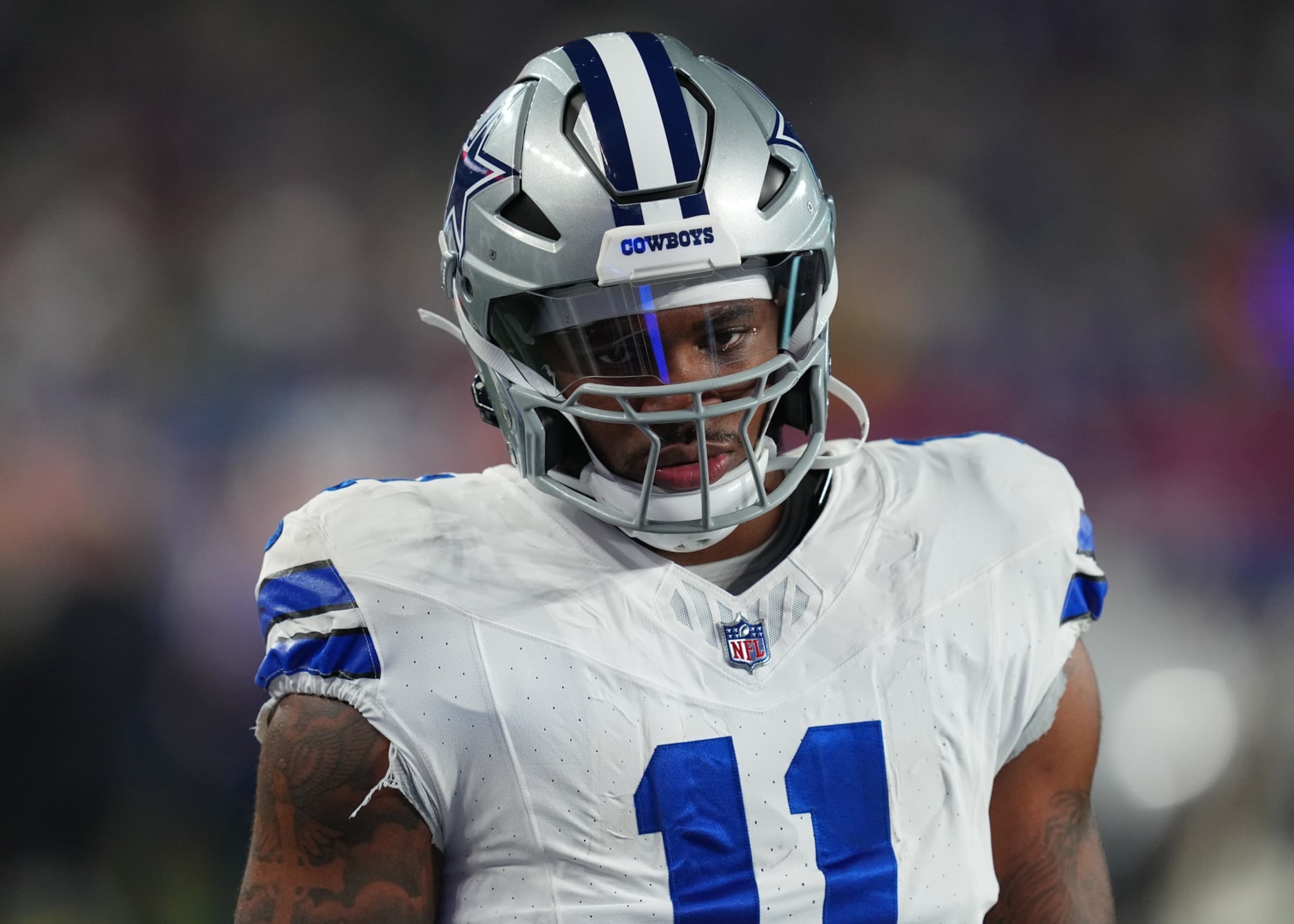 EAST RUTHERFORD, NEW JERSEY - SEPTEMBER 10: Micah Parsons #11 of the Dallas Cowboys warms up prior to a game against the New York Giants at MetLife Stadium on September 10, 2023 in East Rutherford, New Jersey. (Photo by Mitchell Leff/Getty Images)