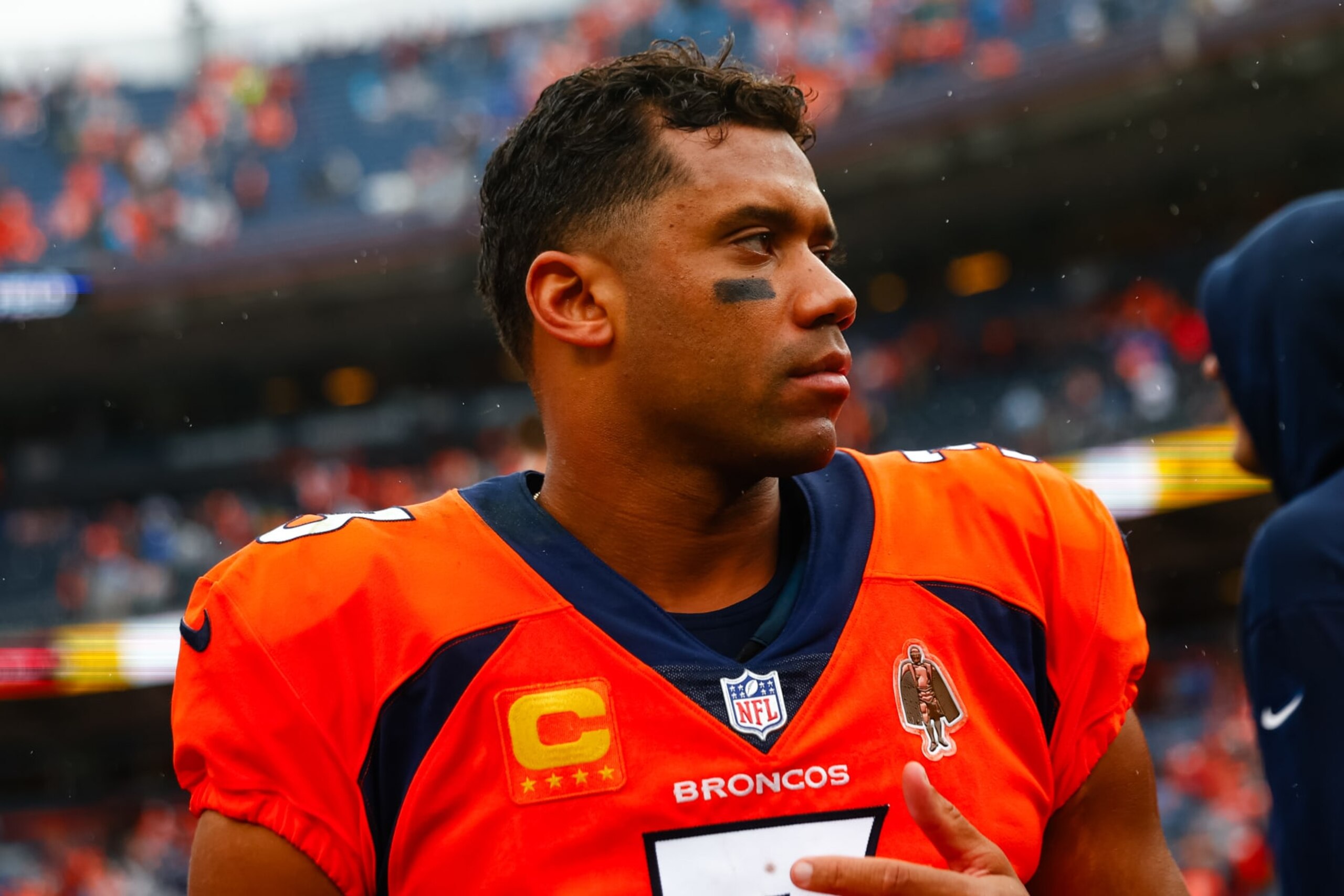 DENVER, CO - SEPTEMBER 10:  Quarterback Russell Wilson #3 of the Denver Broncos stands on the field after a 17-16 loss to the Las Vegas Raiders at Empower Field at Mile High on September 10, 2023 in Denver, Colorado. (Photo by Justin Edmonds/Getty Images)