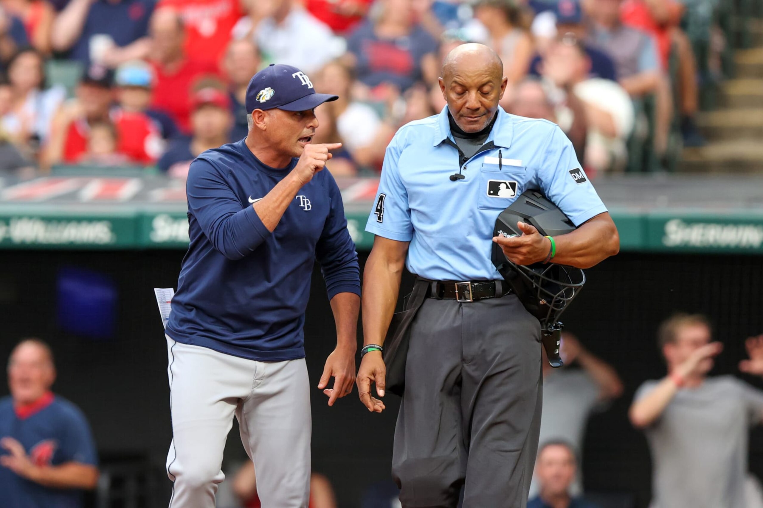 CLEVELAND, OH - SEPTEMBER 02: Tampa Bay Rays manager Kevin Cash (16) argues with home plate umpire CB Bucknor (54) after being ejected during the fifth inning of the Major League Baseball game between the Tampa Bay Rays and Cleveland Guardians on September 2, 2023, at Progressive Field in Cleveland, OH. Photo by Frank Jansky/Icon Sportswire via Getty Images)