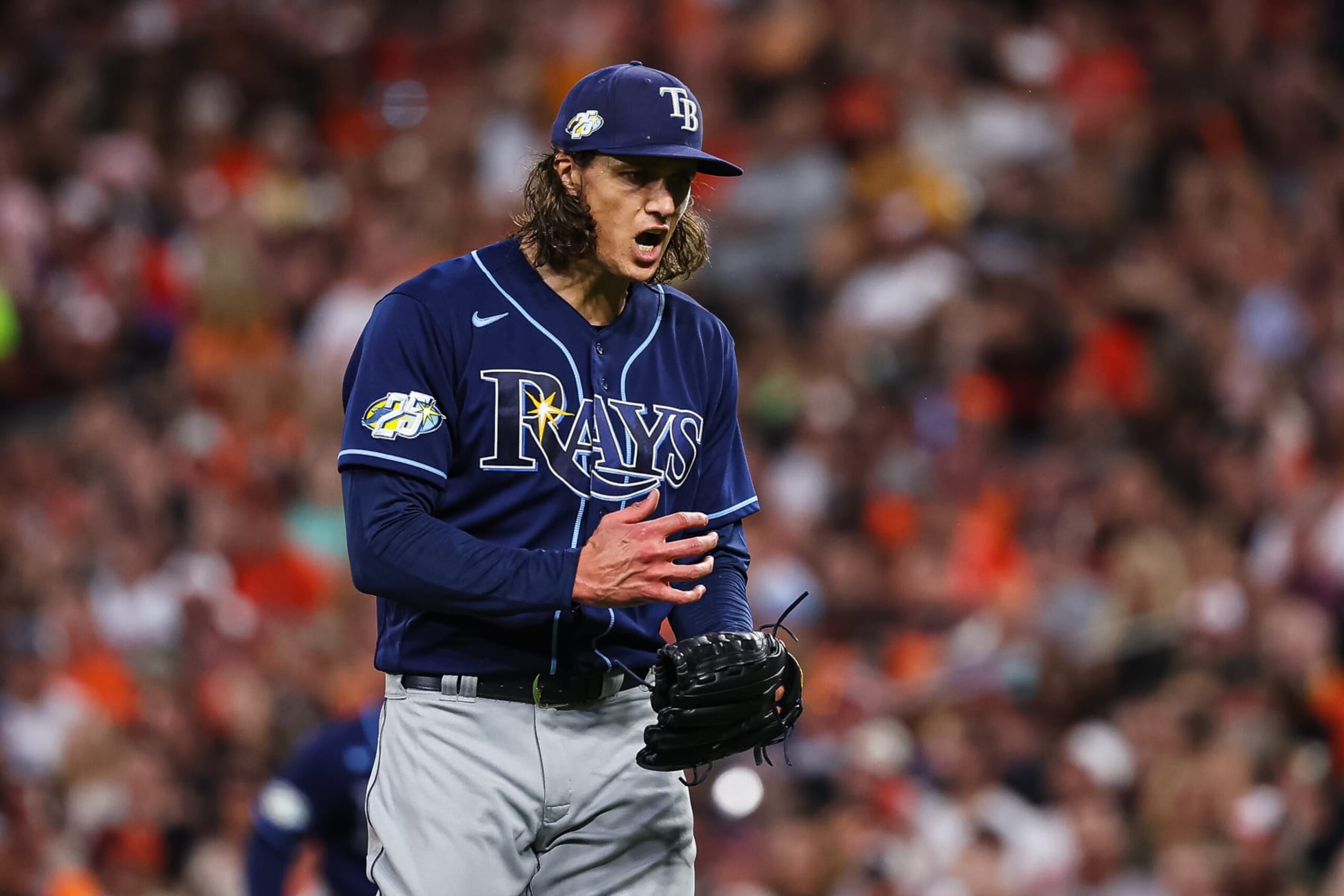 BALTIMORE, MD - SEPTEMBER 16: Tyler Glasnow #20 of the Tampa Bay Rays reacts after a pitch against the Baltimore Orioles during the first inning at Oriole Park at Camden Yards on September 16, 2023 in Baltimore, Maryland. (Photo by Scott Taetsch/Getty Images)