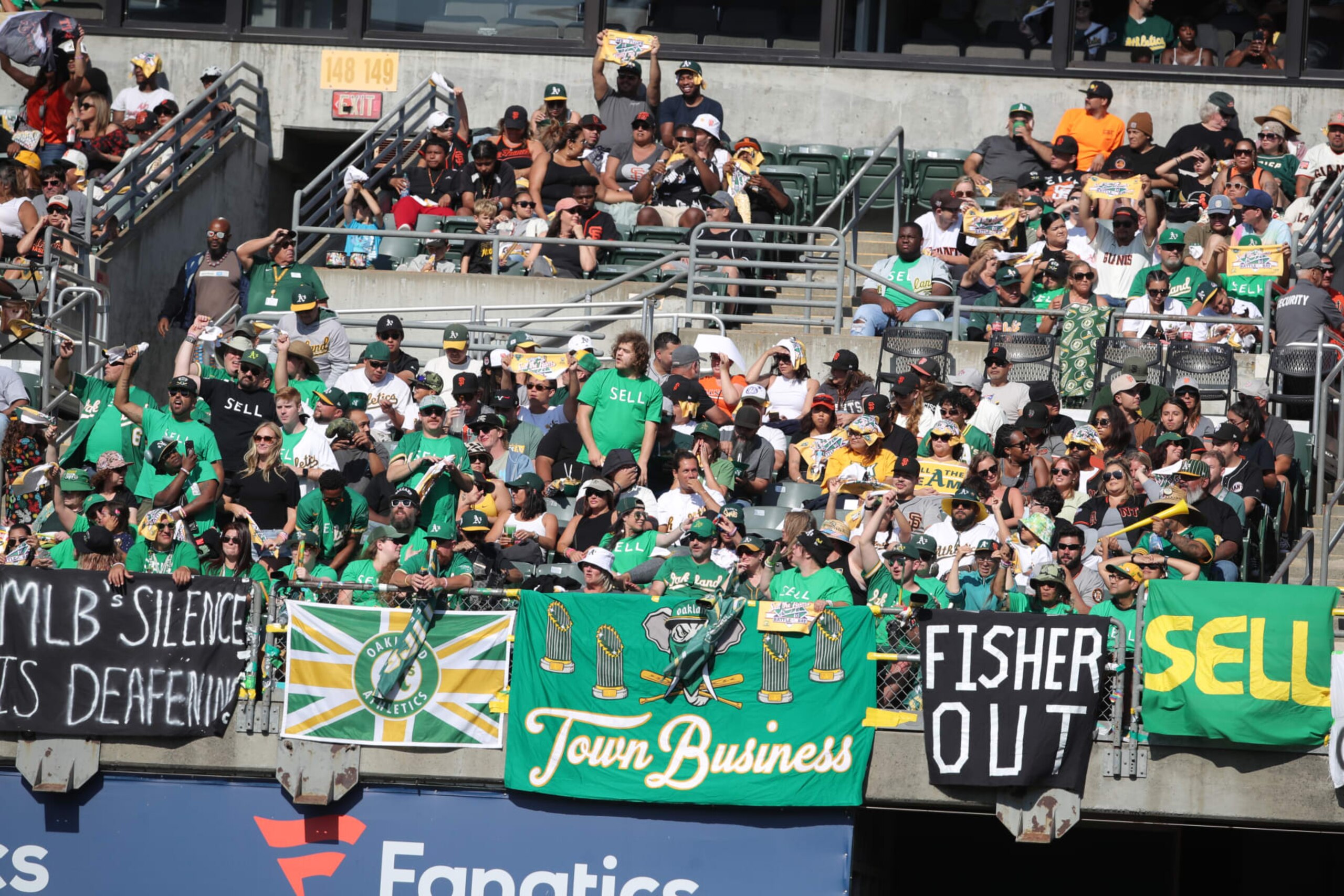 OAKLAND, CA - AUGUST 5: Fans of the Oakland Athletics in the right field bleachers during the game against the San Francisco Giants at RingCentral Coliseum on August 5, 2023 in Oakland, California. The Athletics defeated the Giants 2-1. (Photo by Michael Zagaris/Oakland Athletics/Getty Images)