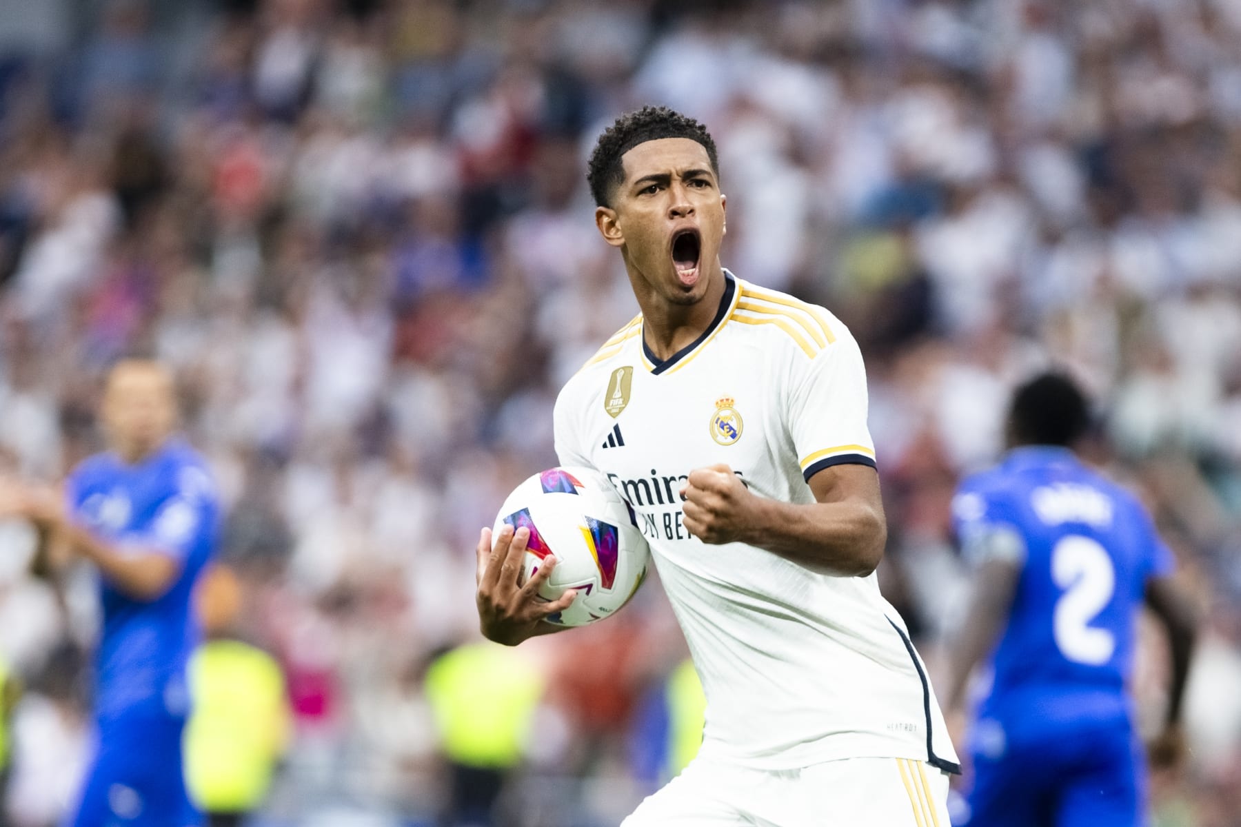 MADRID, SPAIN - 2023/09/02: Jude Bellingham of Real Madrid celebrates after scoring a goal seen in action during the LaLiga EA Sports 2023/24 match between Real Madrid and Getafe at Santiago Bernabeu Stadium. Final score; Real Madrid 2:1 Getafe. (Photo by Guillermo Martinez/SOPA Images/LightRocket via Getty Images)