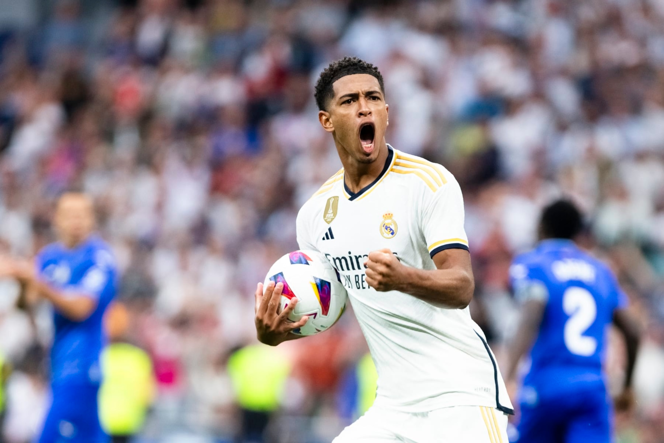 MADRID, SPAIN - 2023/09/02: Jude Bellingham of Real Madrid celebrates after scoring a goal seen in action during the LaLiga EA Sports 2023/24 match between Real Madrid and Getafe at Santiago Bernabeu Stadium. Final score; Real Madrid 2:1 Getafe. (Photo by Guillermo Martinez/SOPA Images/LightRocket via Getty Images)