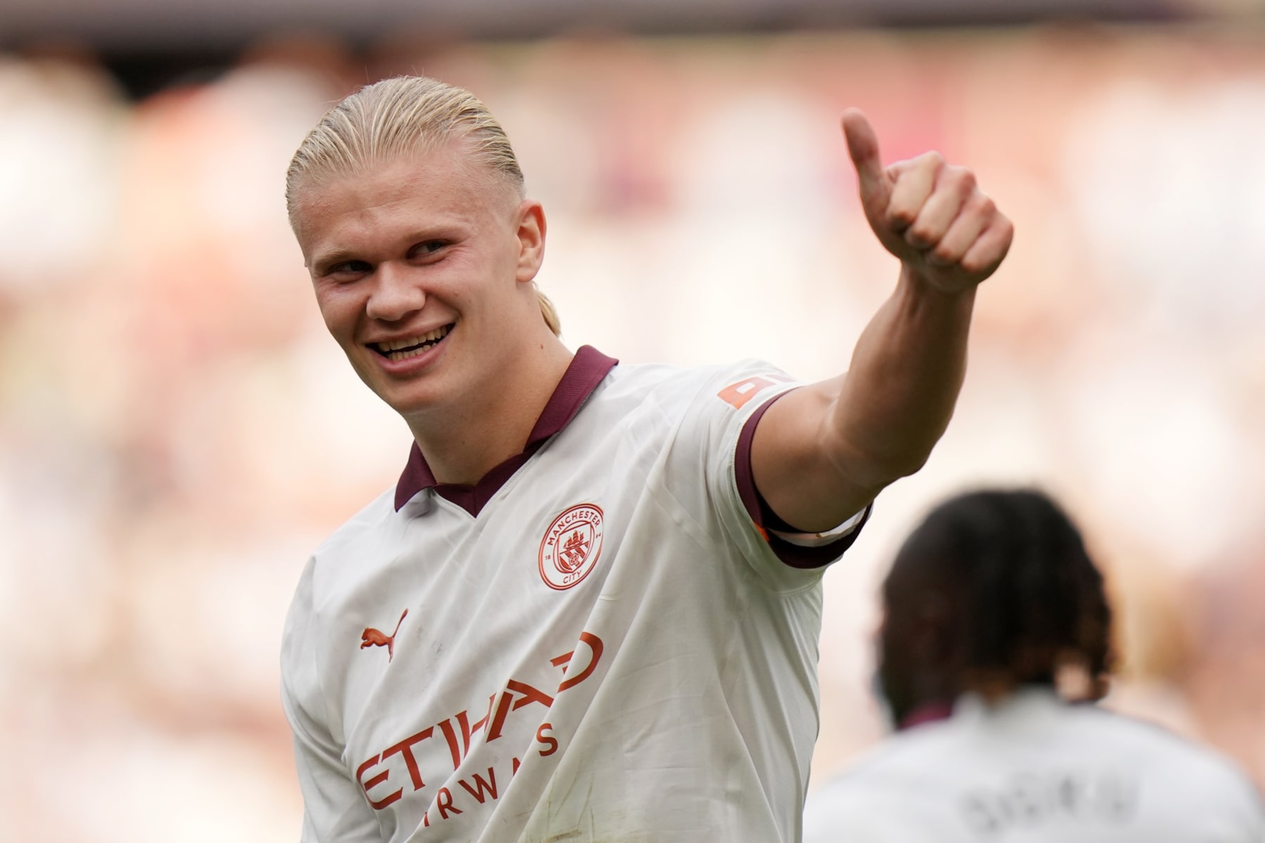 LONDON, ENGLAND - SEPTEMBER 16: Erling Haaland of Manchester City celebrates after scoring the team's third goal during the Premier League match between West Ham United and Manchester City at London Stadium on September 16, 2023 in London, England. (Photo by Tom Flathers/Manchester City FC via Getty Images)
