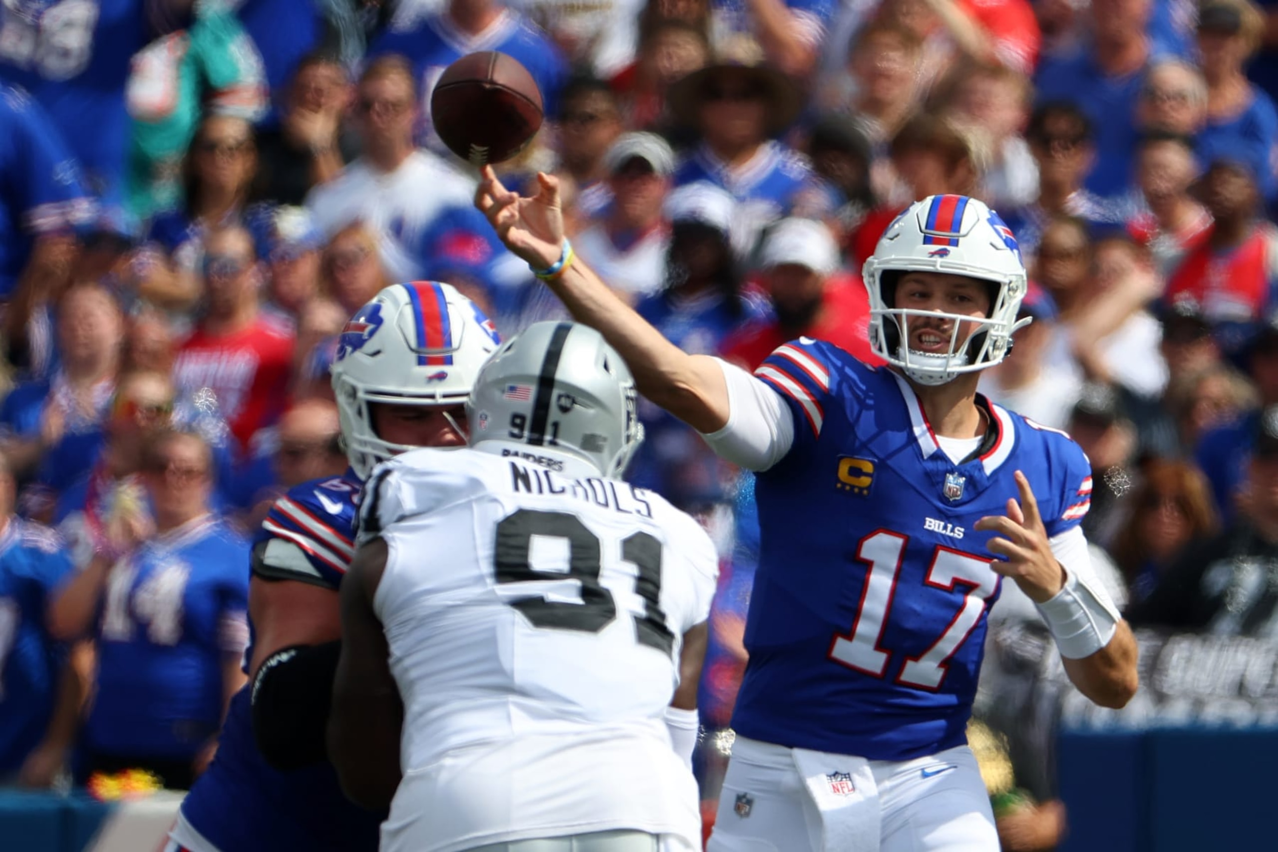 ORCHARD PARK, NEW YORK - SEPTEMBER 17: Josh Allen #17 of the Buffalo Bills attempts a pass during the second quarter against the Las Vegas Raiders at Highmark Stadium on September 17, 2023 in Orchard Park, New York. (Photo by Timothy T Ludwig/Getty Images)