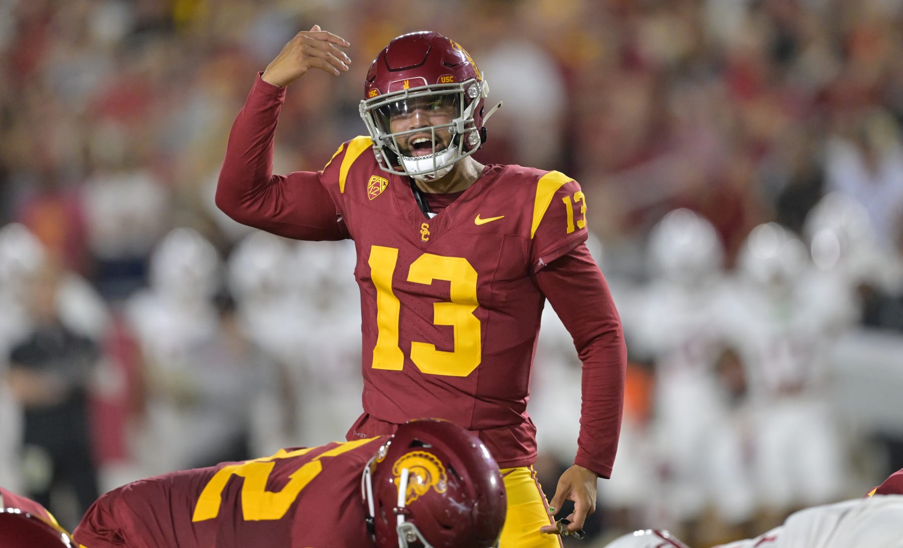 LOS ANGELES, CALIFORNIA - SEPTEMBER 9: Quarterback Caleb Williams #13 of the USC Trojans directs the offense against the Stanford Cardinal at United Airlines Field at the Los Angeles Memorial Coliseum on September 9, 2023 in Los Angeles, California. (Photo by Jayne Kamin-Oncea/Getty Images)