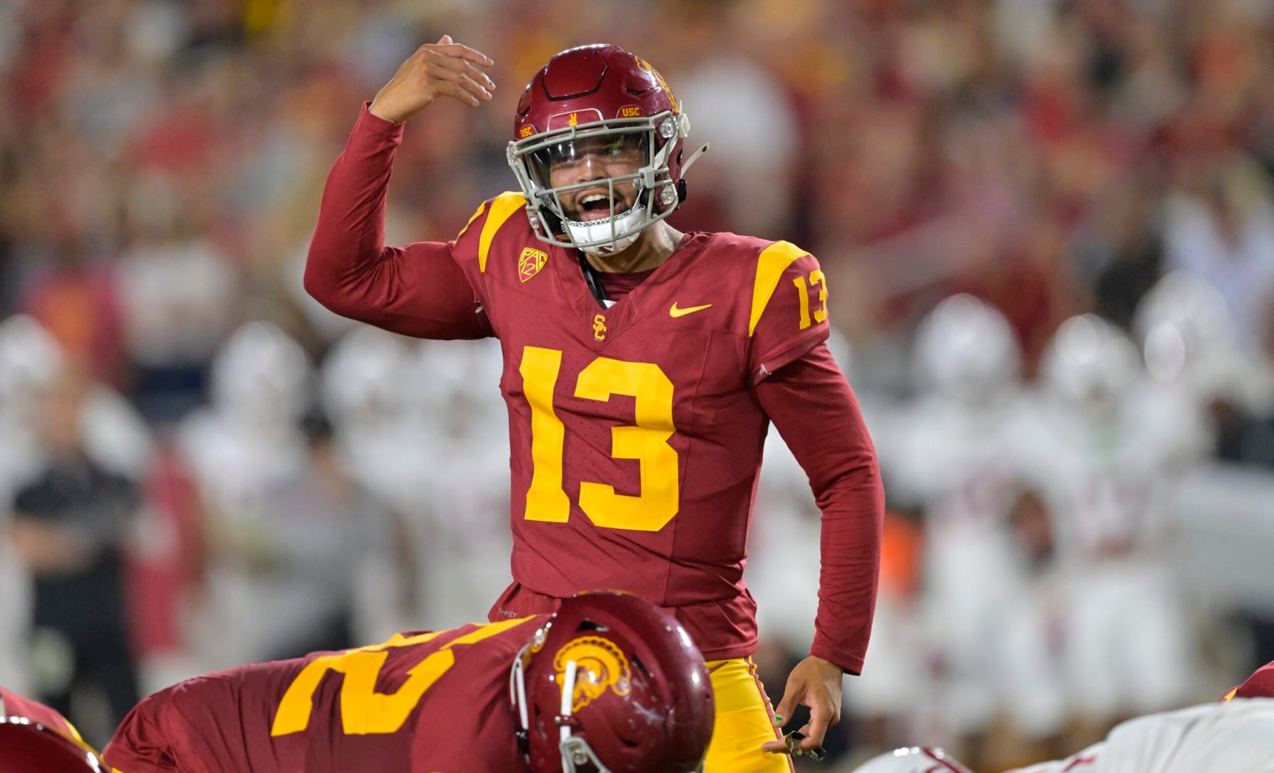 LOS ANGELES, CALIFORNIA - SEPTEMBER 9: Quarterback Caleb Williams #13 of the USC Trojans directs the offense against the Stanford Cardinal at United Airlines Field at the Los Angeles Memorial Coliseum on September 9, 2023 in Los Angeles, California. (Photo by Jayne Kamin-Oncea/Getty Images) LOS ANGELES, CALIFORNIA - SEPTEMBER 9: Quarterback Caleb Williams #13 of the USC Trojans directs the offense against the Stanford Cardinal at United Airlines Field at the Los Angeles Memorial Coliseum on September 9, 2023 in Los Angeles, California. (Photo by Jayne Kamin-Oncea/Getty Images)