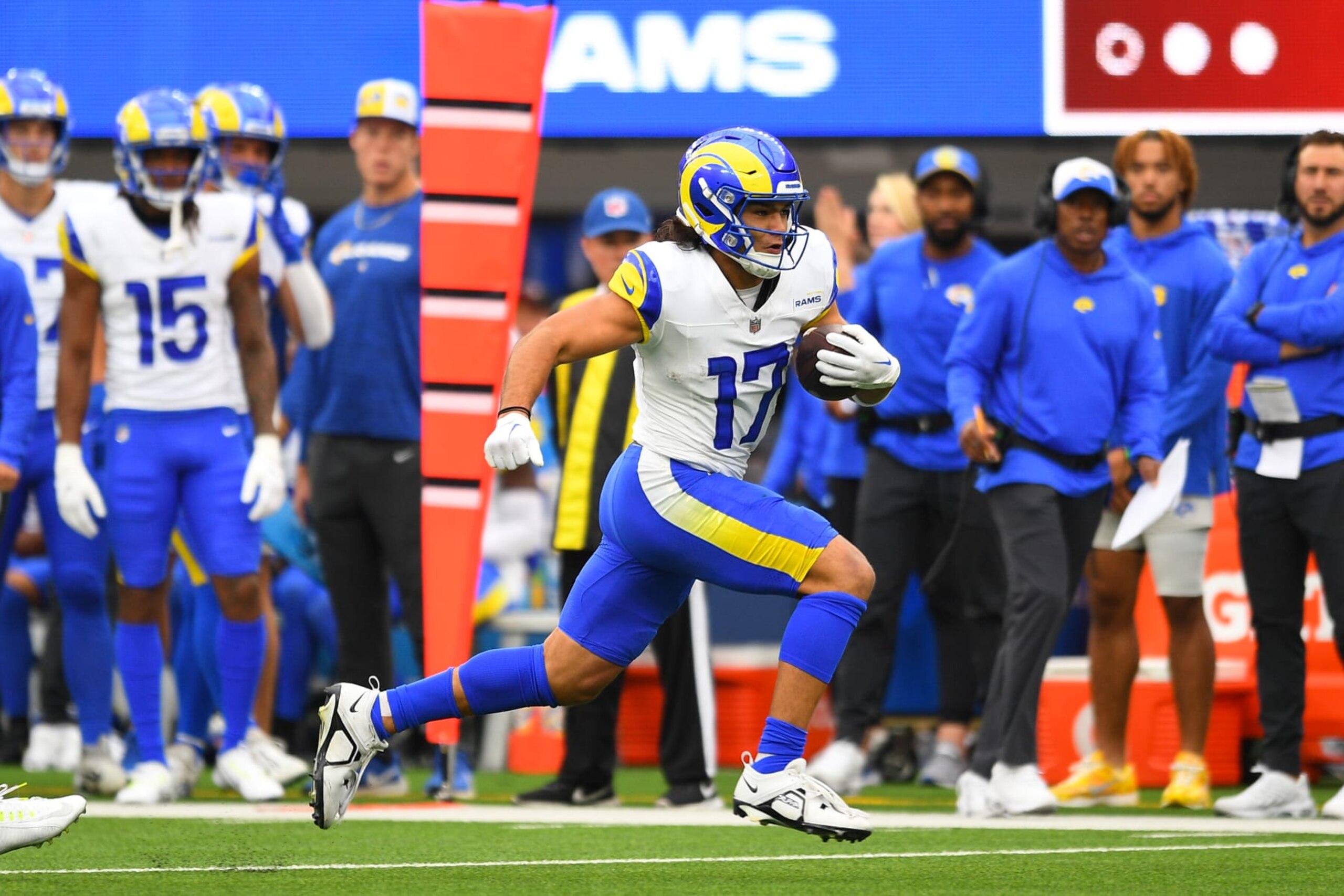 INGLEWOOD, CA - SEPTEMBER 17: Los Angeles Rams wide receiver Puka Nacua (17) runs after a catch during the NFL game between the San Francisco 49ers and the Los Angeles Rams on September 17, 2023, at SoFi Stadium in Inglewood, CA. (Photo by Brian Rothmuller/Icon Sportswire via Getty Images)
