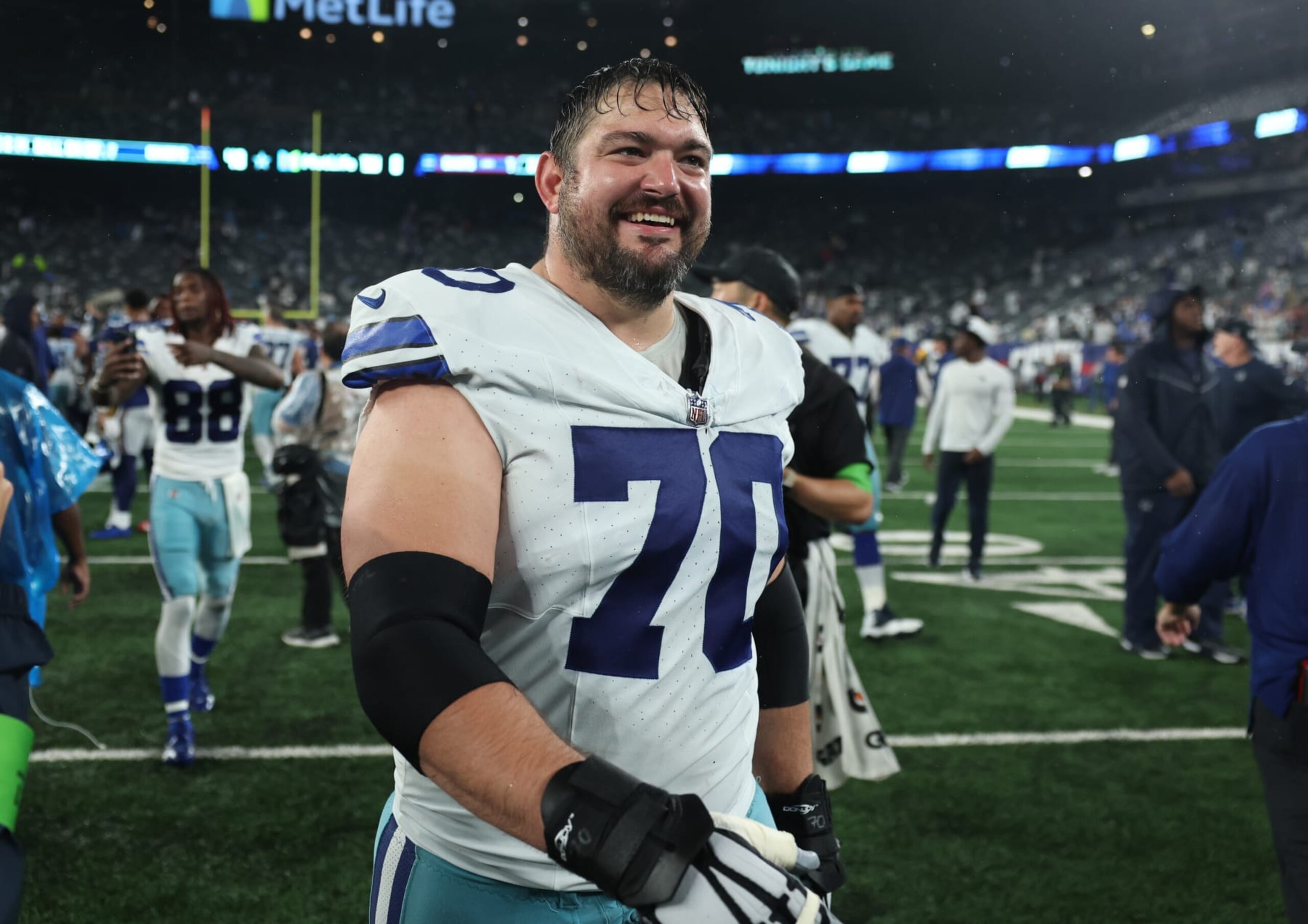 EAST RUTHERFORD, NEW JERSEY - SEPTEMBER 10: Zack Martin #70 of the Dallas Cowboys reacts after a 40-0 victory against the New York Giants at MetLife Stadium on September 10, 2023 in East Rutherford, New Jersey. (Photo by Tim Nwachukwu/Getty Images)