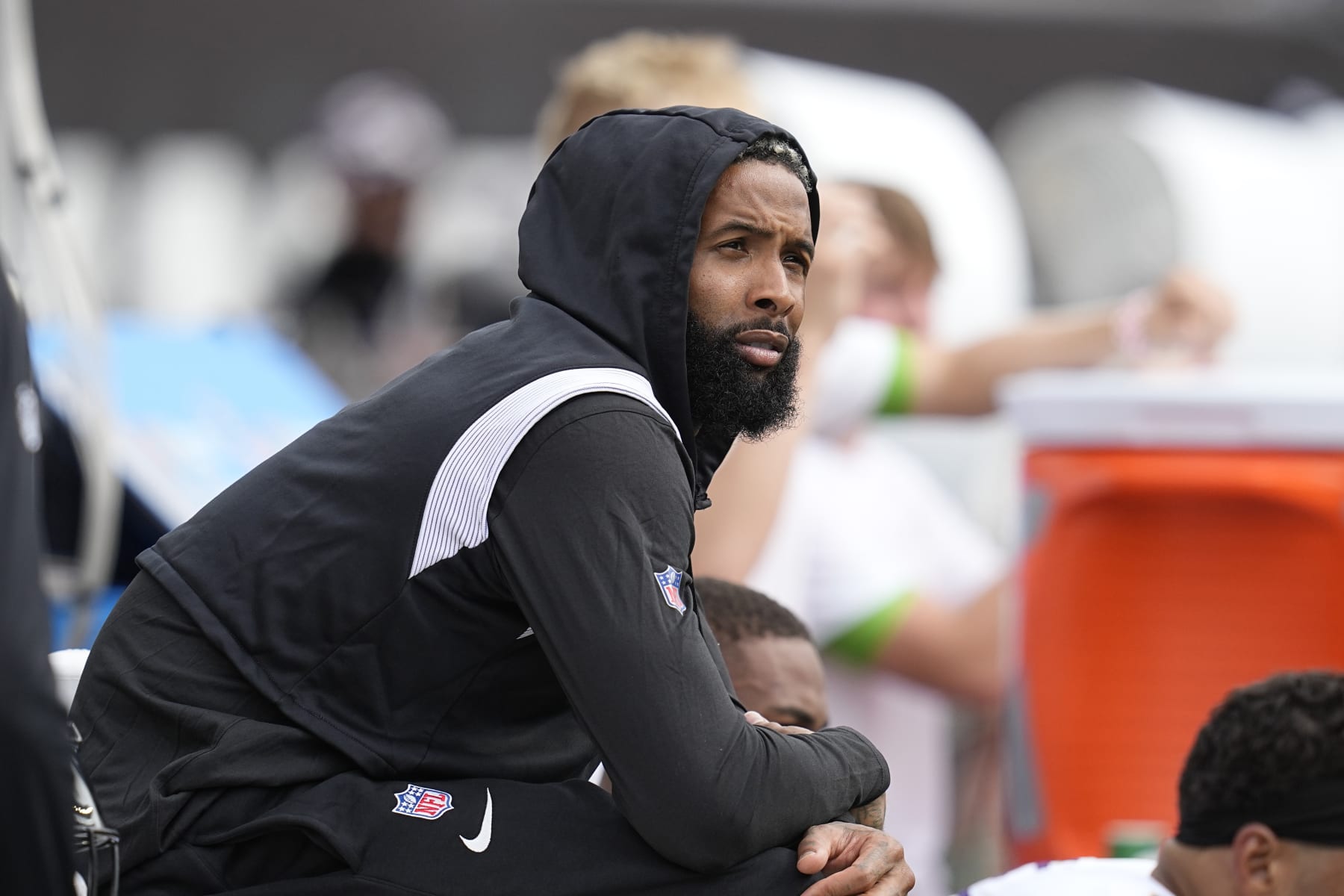 Baltimore Ravens wide receiver Odell Beckham Jr. sits on the bench during the second half of an NFL football game against the Cincinnati Bengals Sunday, Sept. 17, 2023, in Cincinnati. (AP Photo/Darron Cummings)