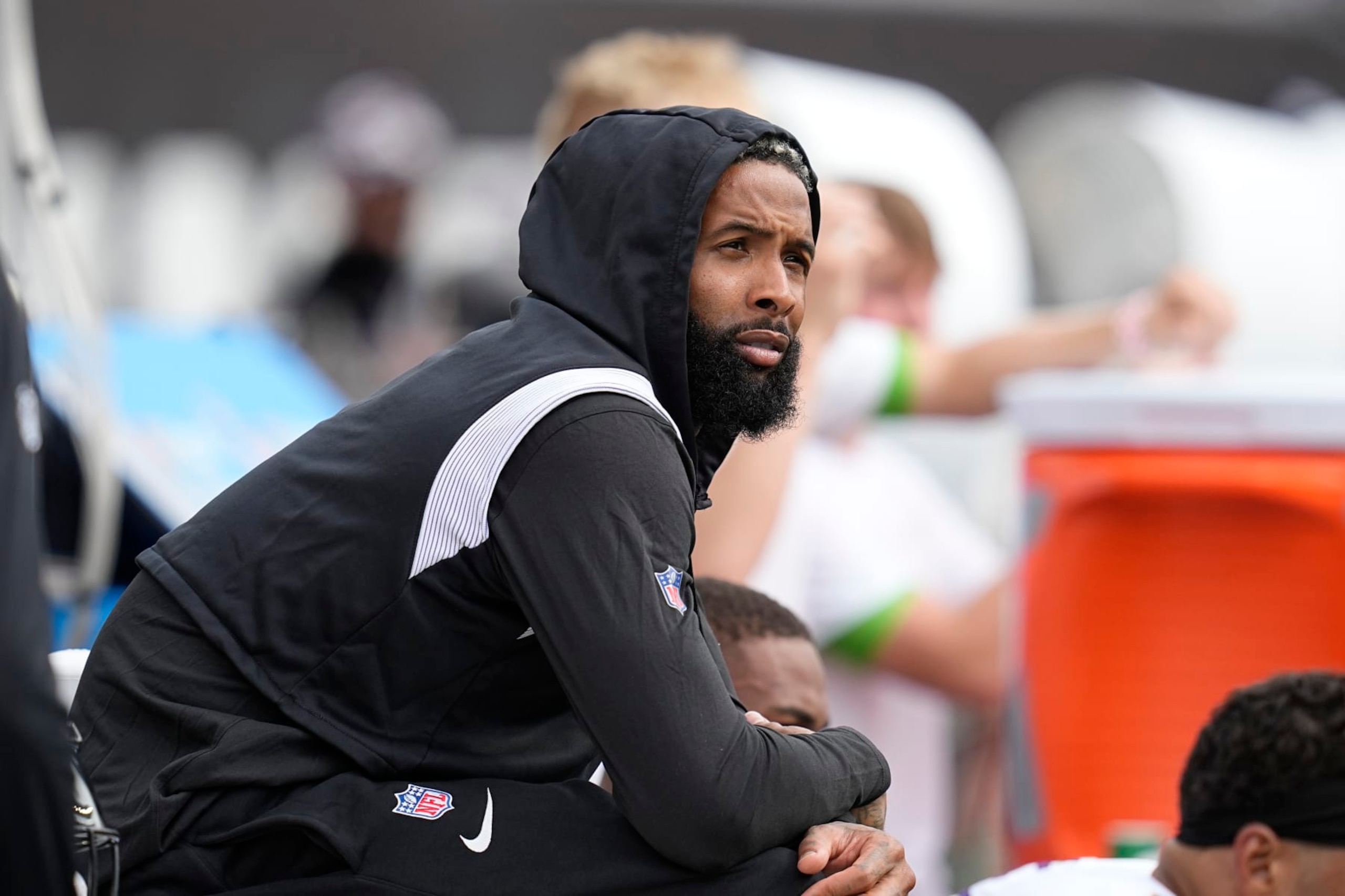 Baltimore Ravens wide receiver Odell Beckham Jr. sits on the bench during the second half of an NFL football game against the Cincinnati Bengals Sunday, Sept. 17, 2023, in Cincinnati. (AP Photo/Darron Cummings)