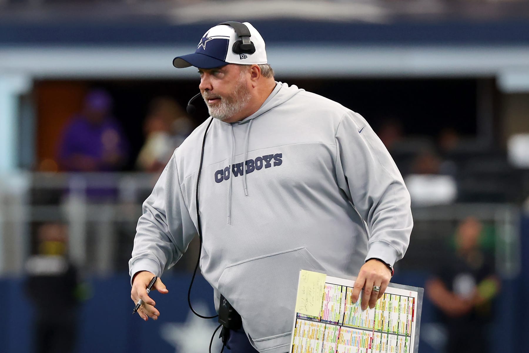 ARLINGTON, TEXAS - SEPTEMBER 17: Dallas Cowboys head coach Mike McCarthy walks the sidelines during the second quarter against the New York Jets at AT&T Stadium on September 17, 2023 in Arlington, Texas. (Photo by Richard Rodriguez/Getty Images)