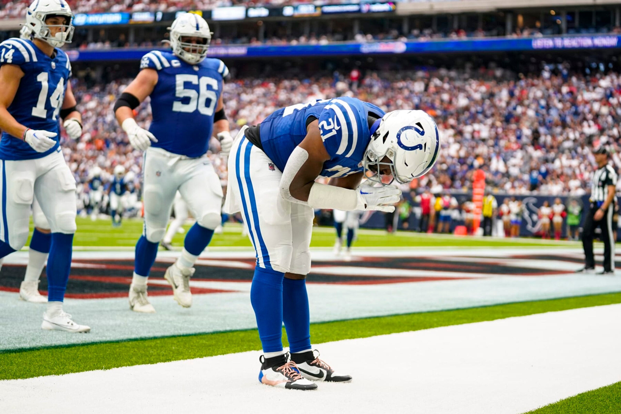 Indianapolis Colts running back Zack Moss (21) celebrates a touchdown against the Houston Texans in the first half of an NFL football game in Houston, Sunday, Sept. 17, 2023. (AP Photo/Eric Christian Smith)