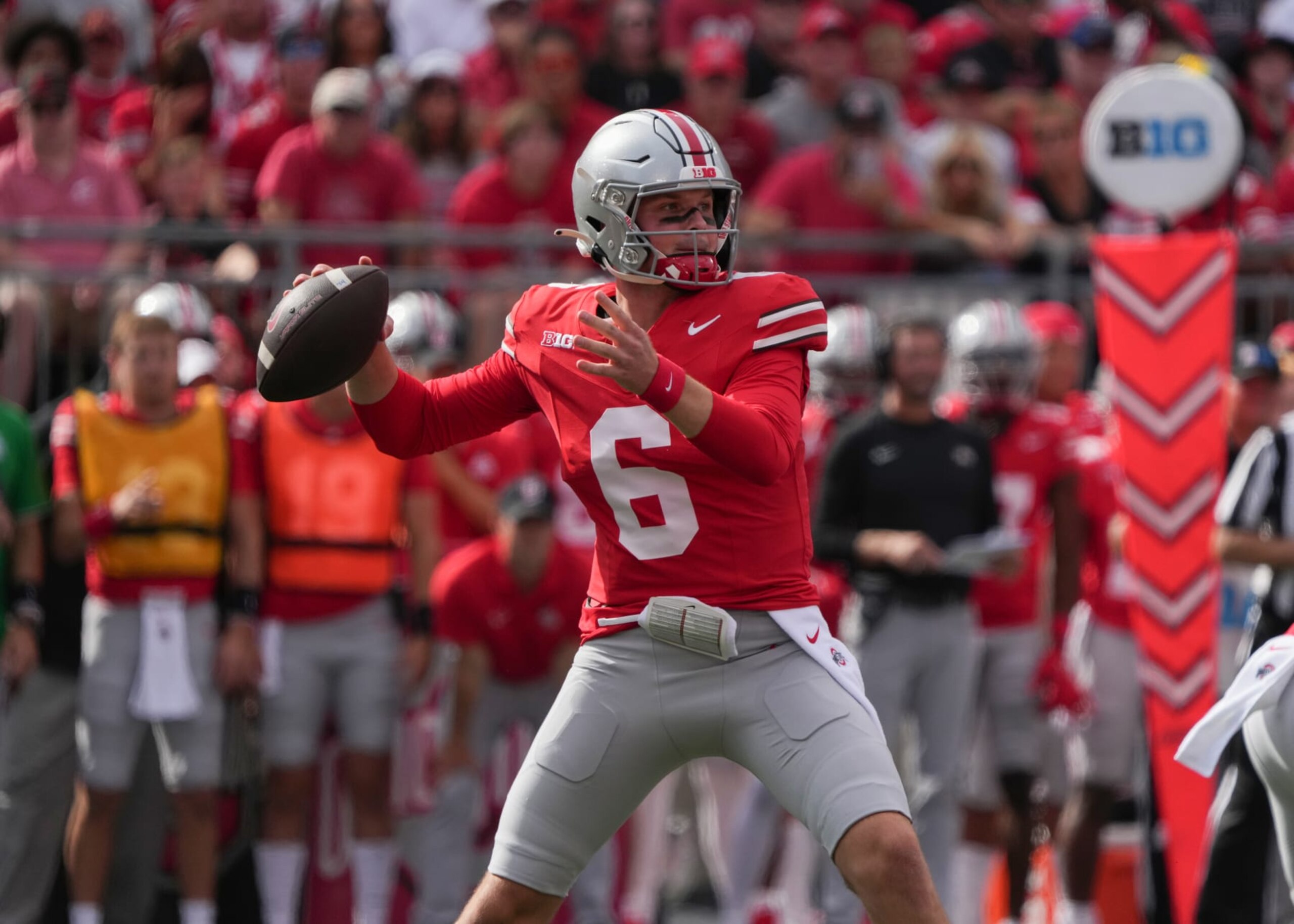 COLUMBUS, OH - SEPTEMBER 16: Quarterback Kyle McCord #6 of the Ohio State Buckeyes passes the ball during the game against the Western Kentucky Hilltoppers at Ohio Stadium on September 16, 2023 in Columbus, Ohio. (Photo by Jason Mowry/Icon Sportswire via Getty Images)