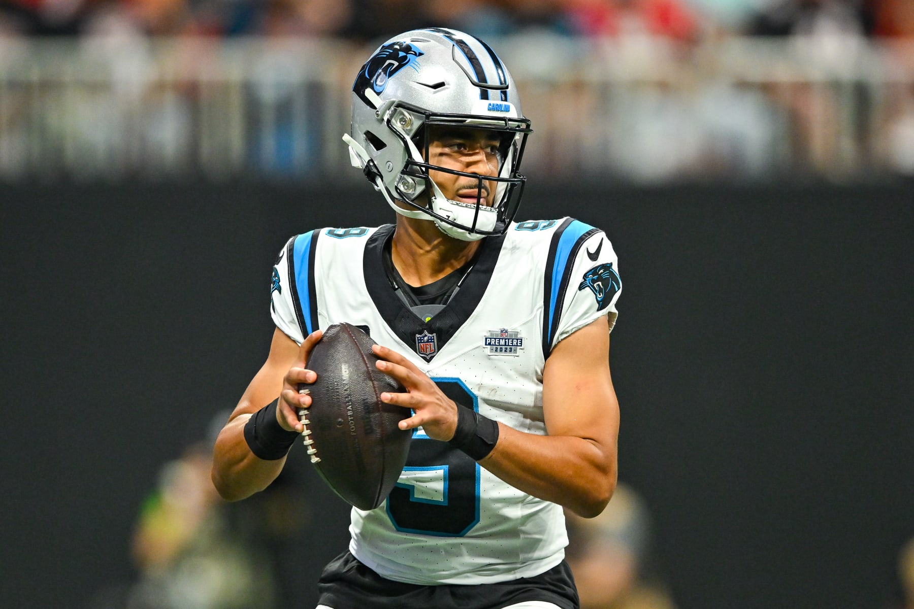 ATLANTA, GA  SEPTEMBER 10:  Carolina quarterback Bryce Young (9) drops back to pass during the NFL game between the Carolina Panthers and the Atlanta Falcons on September 10th, 2023 at Mercedes-Benz Stadium in Atlanta, GA.  (Photo by Rich von Biberstein/Icon Sportswire via Getty Images)