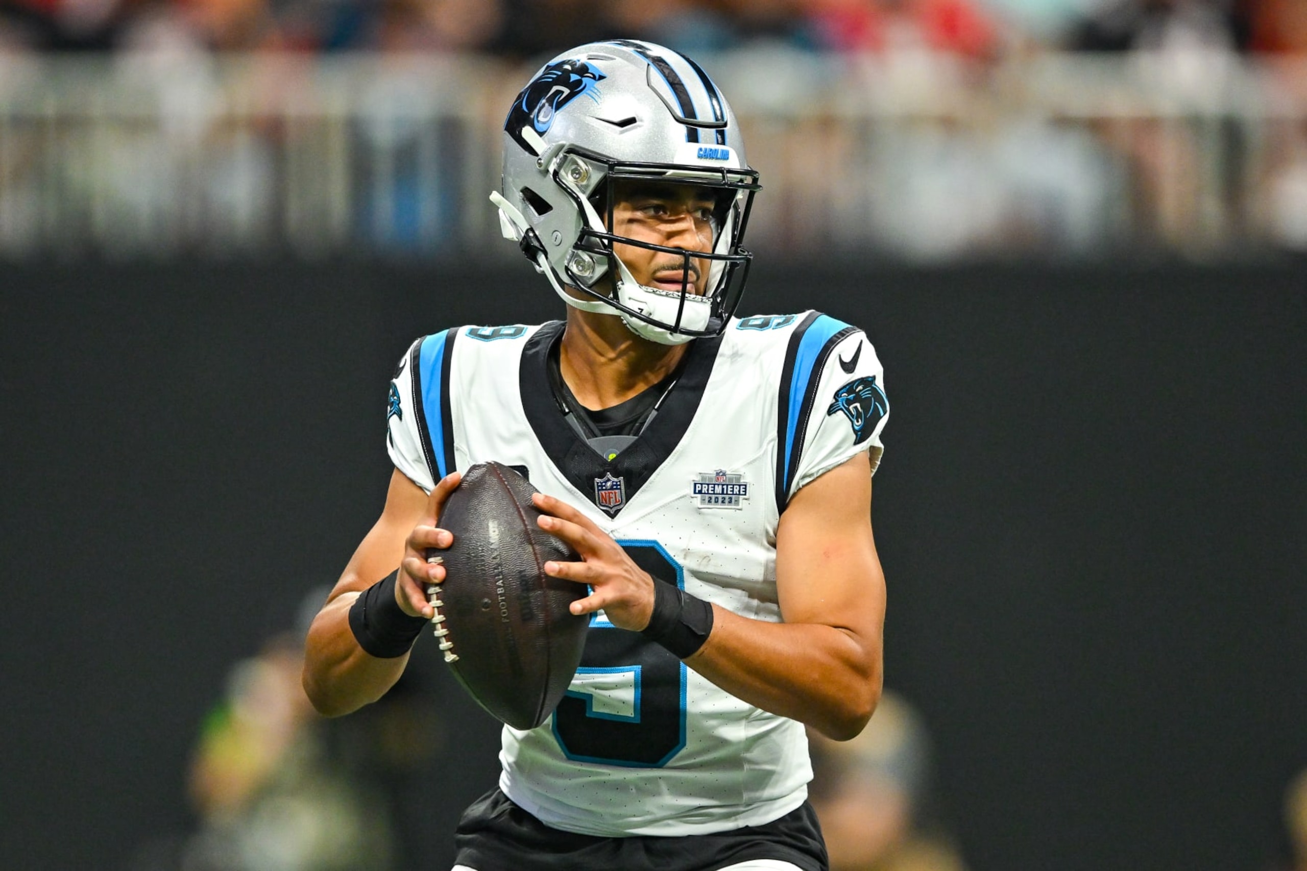 ATLANTA, GA  SEPTEMBER 10:  Carolina quarterback Bryce Young (9) drops back to pass during the NFL game between the Carolina Panthers and the Atlanta Falcons on September 10th, 2023 at Mercedes-Benz Stadium in Atlanta, GA.  (Photo by Rich von Biberstein/Icon Sportswire via Getty Images)