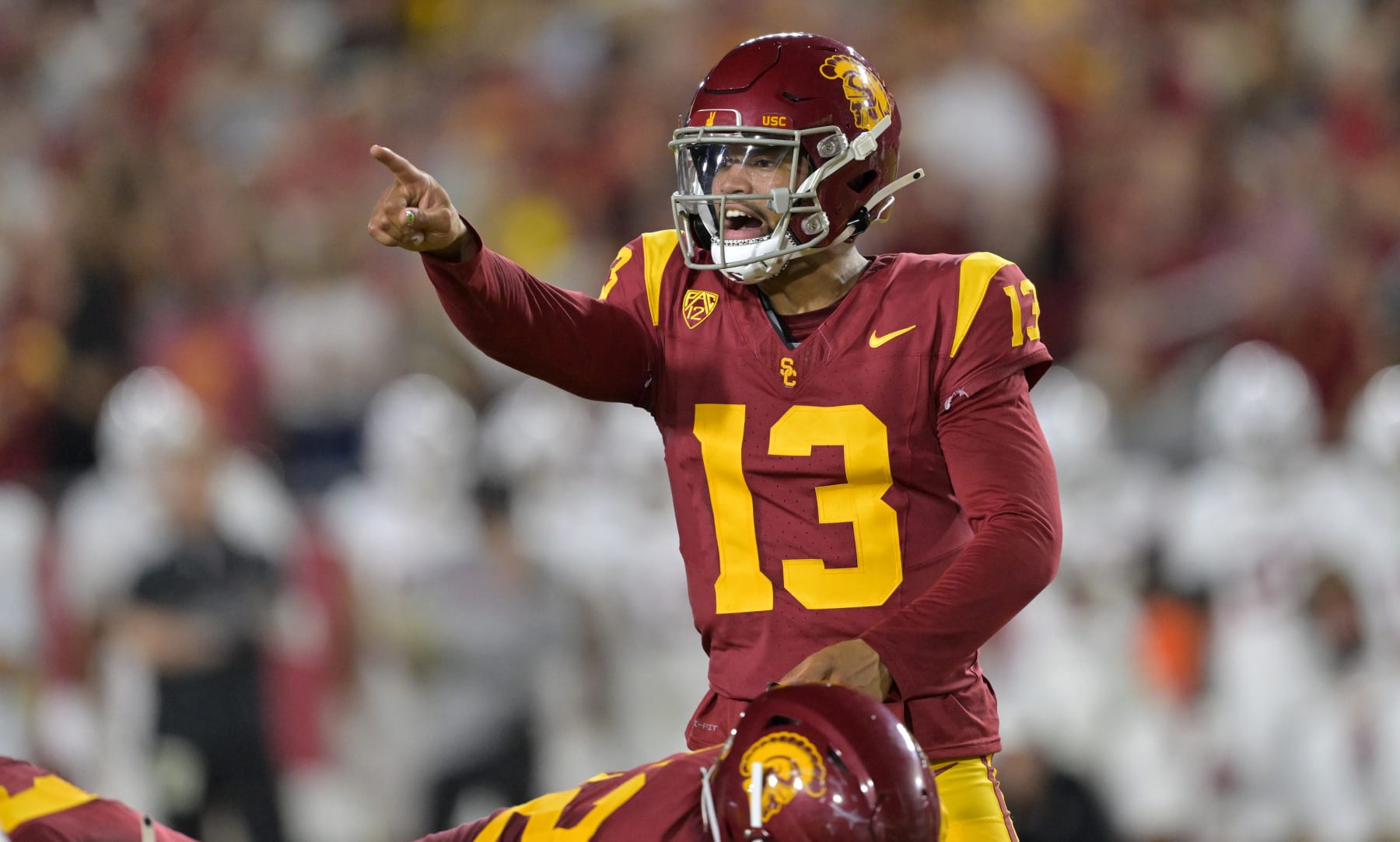 LOS ANGELES, CALIFORNIA - SEPTEMBER 9: Quarterback Caleb Williams #13 of the USC Trojans directs the offense against the Stanford Cardinal at United Airlines Field at the Los Angeles Memorial Coliseum on September 9, 2023 in Los Angeles, California. (Photo by Jayne Kamin-Oncea/Getty Images)