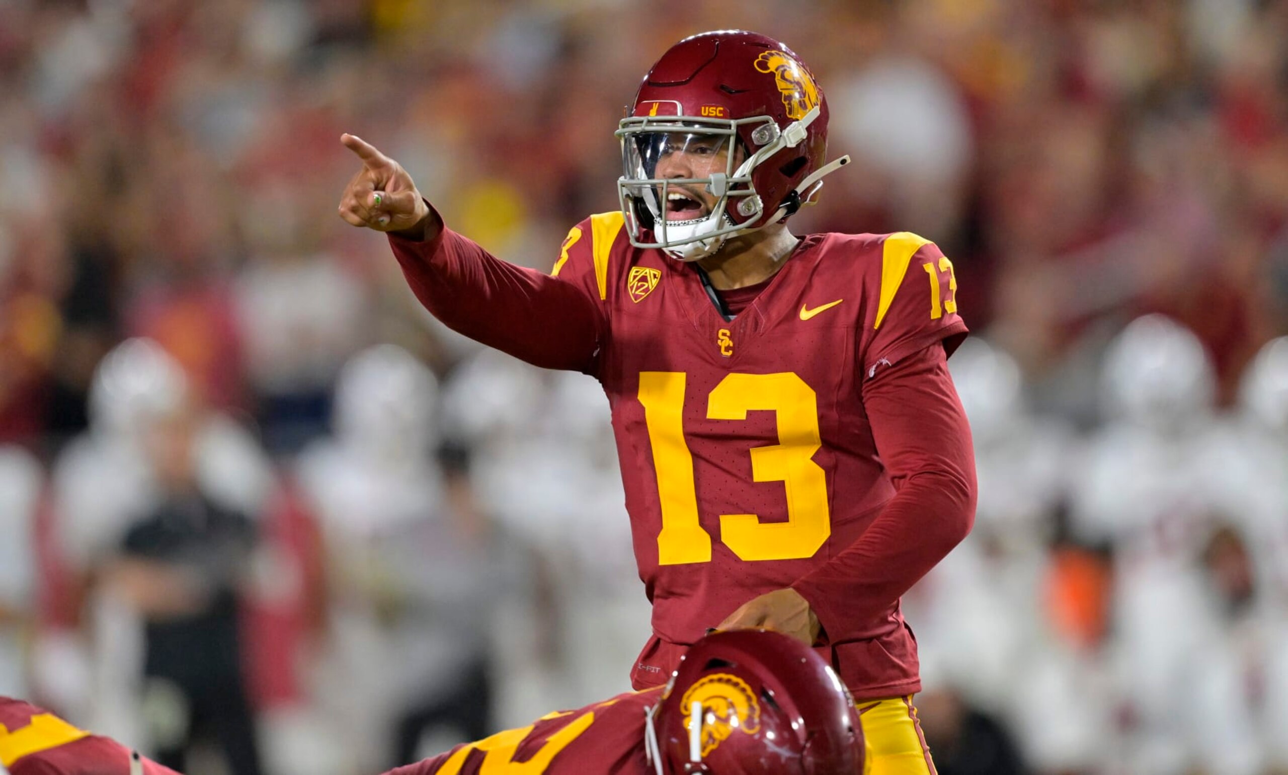 LOS ANGELES, CALIFORNIA - SEPTEMBER 9: Quarterback Caleb Williams #13 of the USC Trojans directs the offense against the Stanford Cardinal at United Airlines Field at the Los Angeles Memorial Coliseum on September 9, 2023 in Los Angeles, California. (Photo by Jayne Kamin-Oncea/Getty Images)