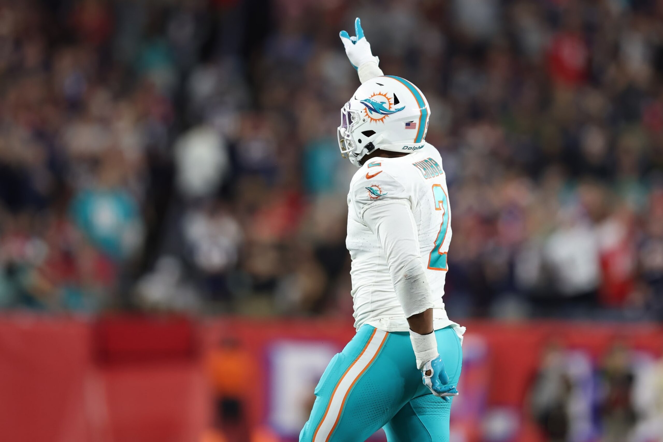 FOXBOROUGH, MASSACHUSETTS - SEPTEMBER 17: Bradley Chubb #2 of the Miami Dolphins celebrates after a defensive stop during the first half against the New England Patriots at Gillette Stadium on September 17, 2023 in Foxborough, Massachusetts. (Photo by Adam Glanzman/Getty Images) FOXBOROUGH, MASSACHUSETTS - SEPTEMBER 17: Bradley Chubb #2 of the Miami Dolphins celebrates after a defensive stop during the first half against the New England Patriots at Gillette Stadium on September 17, 2023 in Foxborough, Massachusetts. (Photo by Adam Glanzman/Getty Images)