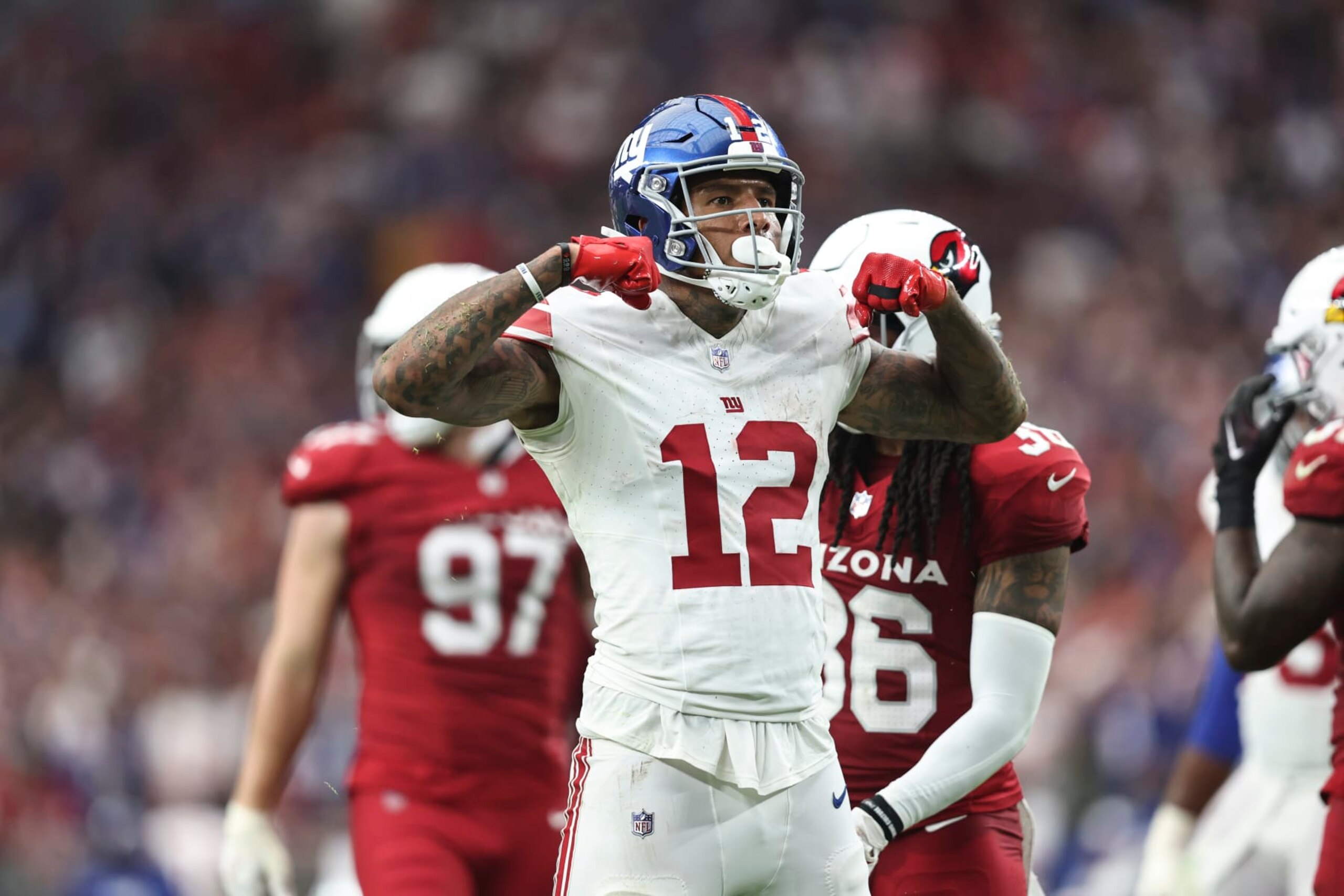 GLENDALE, ARIZONA - SEPTEMBER 17: Darren Waller #12 of the New York Giants reacts during the fourth quarter of an NFL football game between the Arizona Cardinals and the New York Giants at State Farm Stadium on September 17, 2023 in Glendale, Arizona. (Photo by Michael Owens/Getty Images)