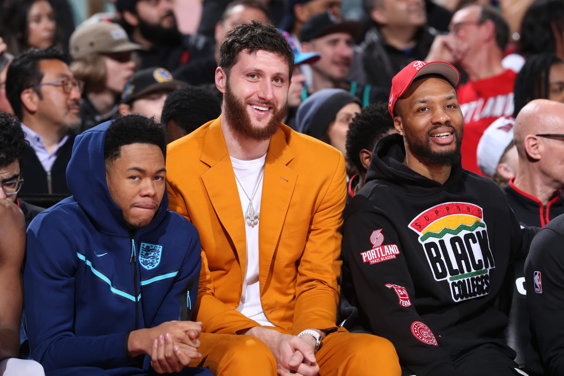 PORTLAND, OR - APRIL 9: Jusuf Nurkic #27 of the Portland Trail Blazers smiles during the game against the Golden State Warriors on April 9, 2023 at the Moda Center Arena in Portland, Oregon. NOTE TO USER: User expressly acknowledges and agrees that, by downloading and or using this photograph, user is consenting to the terms and conditions of the Getty Images License Agreement. Mandatory Copyright Notice: Copyright 2023 NBAE (Photo by Sam Forencich/NBAE via Getty Images)