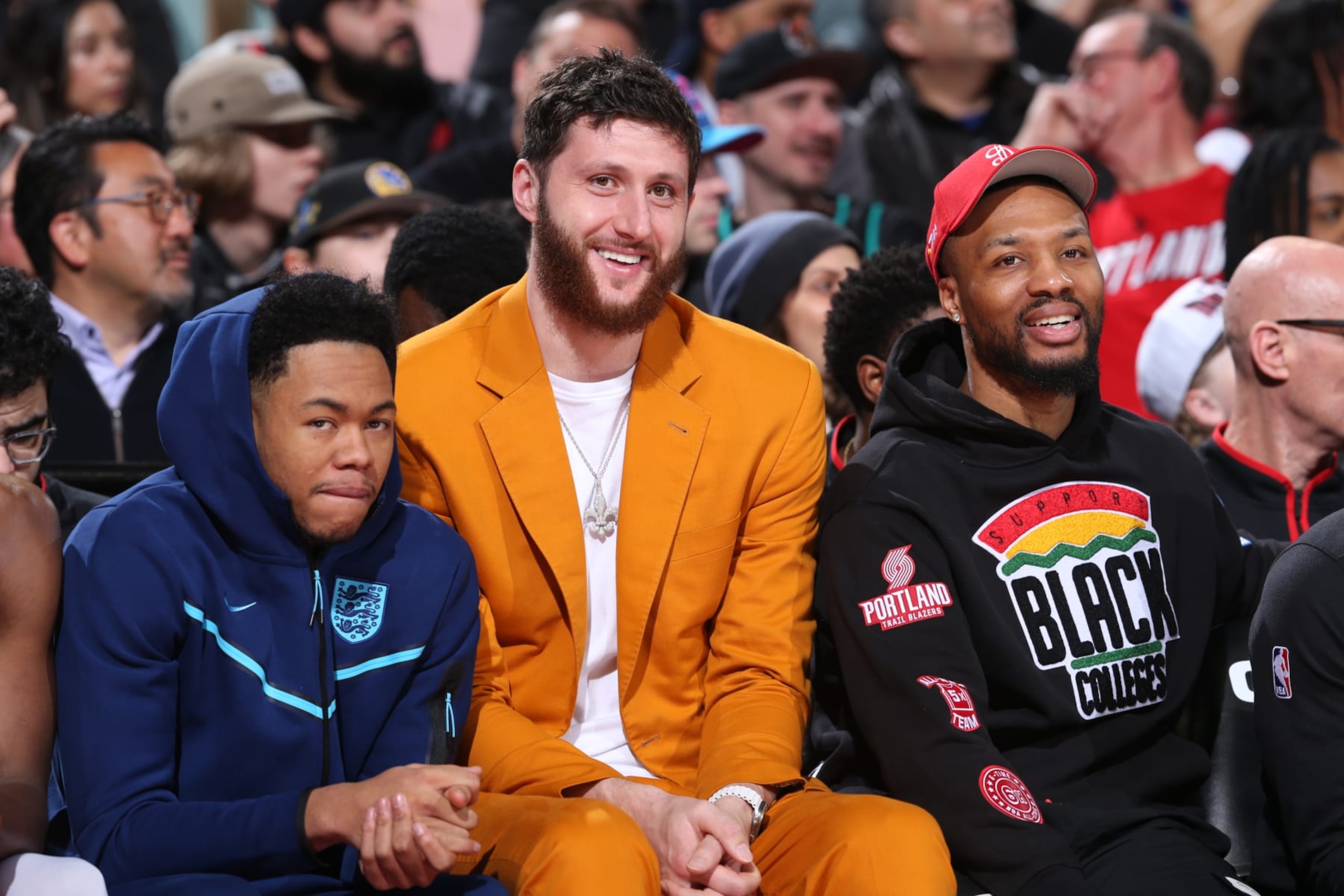 PORTLAND, OR - APRIL 9: Jusuf Nurkic #27 of the Portland Trail Blazers smiles during the game against the Golden State Warriors on April 9, 2023 at the Moda Center Arena in Portland, Oregon. NOTE TO USER: User expressly acknowledges and agrees that, by downloading and or using this photograph, user is consenting to the terms and conditions of the Getty Images License Agreement. Mandatory Copyright Notice: Copyright 2023 NBAE (Photo by Sam Forencich/NBAE via Getty Images)