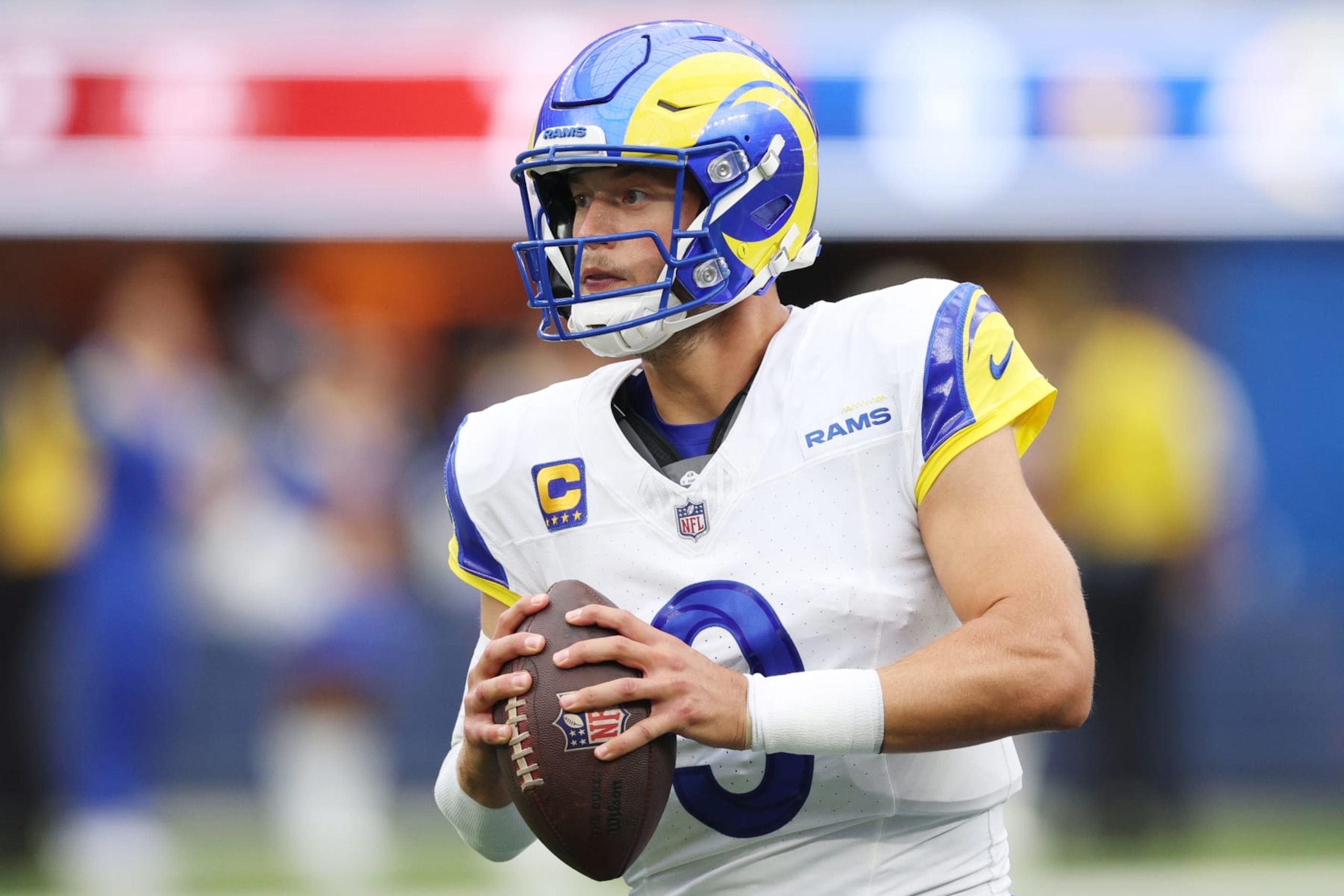 INGLEWOOD, CALIFORNIA - SEPTEMBER 17: Matthew Stafford #9 of the Los Angeles Rams runs with the ball during the first quarter against the San Francisco 49ers at SoFi Stadium on September 17, 2023 in Inglewood, California. (Photo by Harry How/Getty Images) INGLEWOOD, CALIFORNIA - SEPTEMBER 17: Matthew Stafford #9 of the Los Angeles Rams runs with the ball during the first quarter against the San Francisco 49ers at SoFi Stadium on September 17, 2023 in Inglewood, California. (Photo by Harry How/Getty Images)