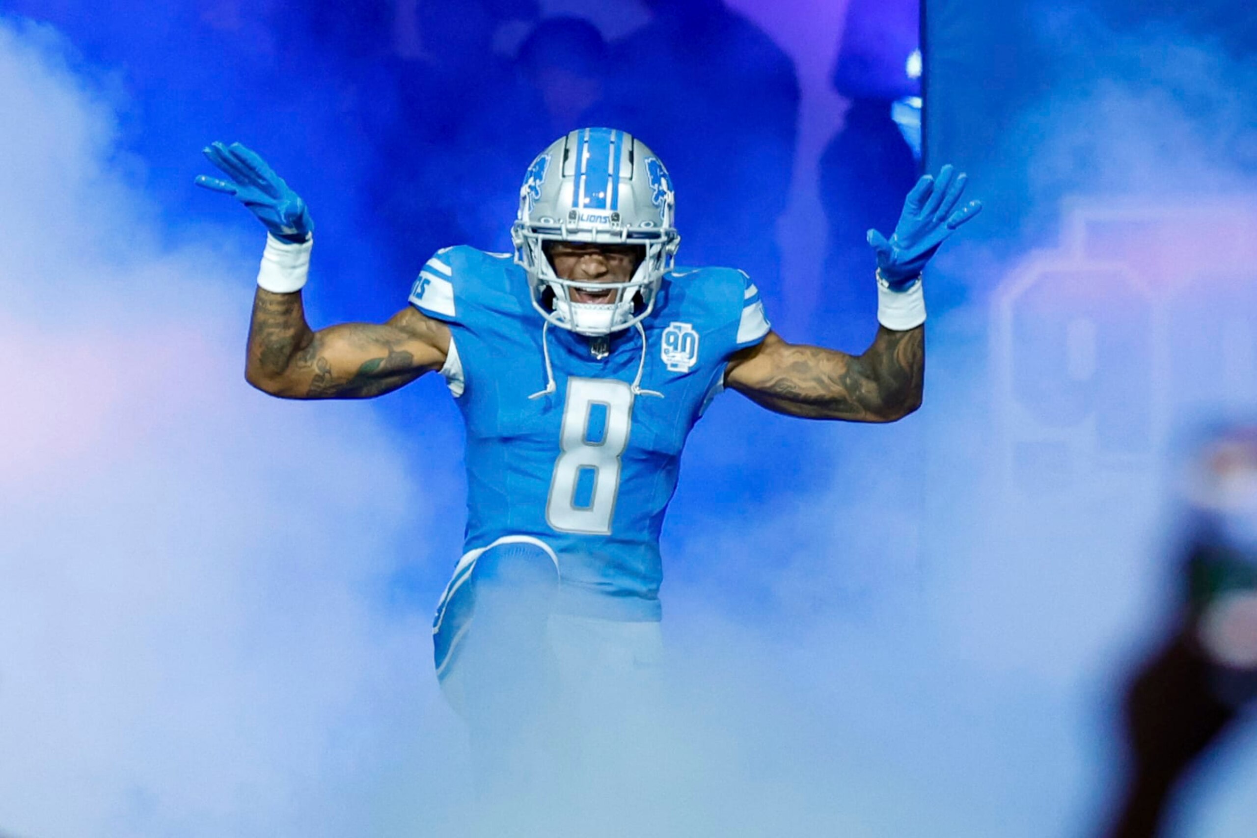 Detroit Lions wide receiver Josh Reynolds (8) during player introductions an NFL football game against the Seattle Seahawks at Ford Field in Detroit, Sunday, Sept. 17, 2023. (AP Photo/Rick Osentoski)