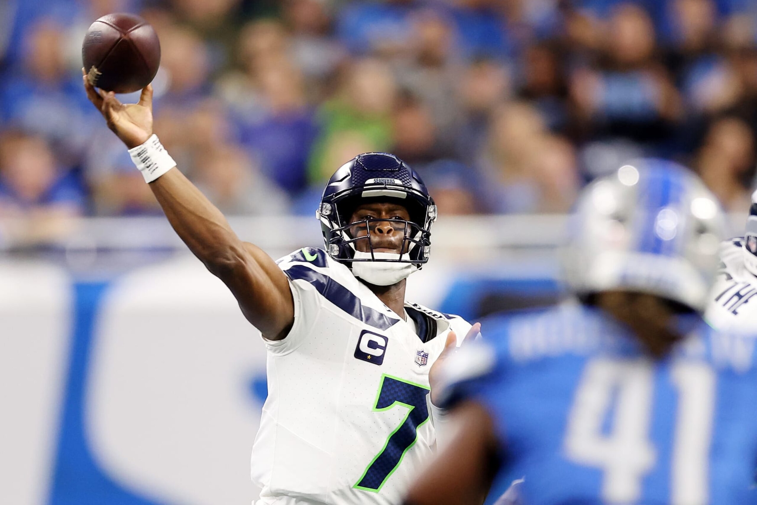 DETROIT, MICHIGAN - SEPTEMBER 17: Geno Smith #7 of the Seattle Seahawks throws the ball during the first quarter in the game against the Detroit Lions at Ford Field on September 17, 2023 in Detroit, Michigan. (Photo by Gregory Shamus/Getty Images)