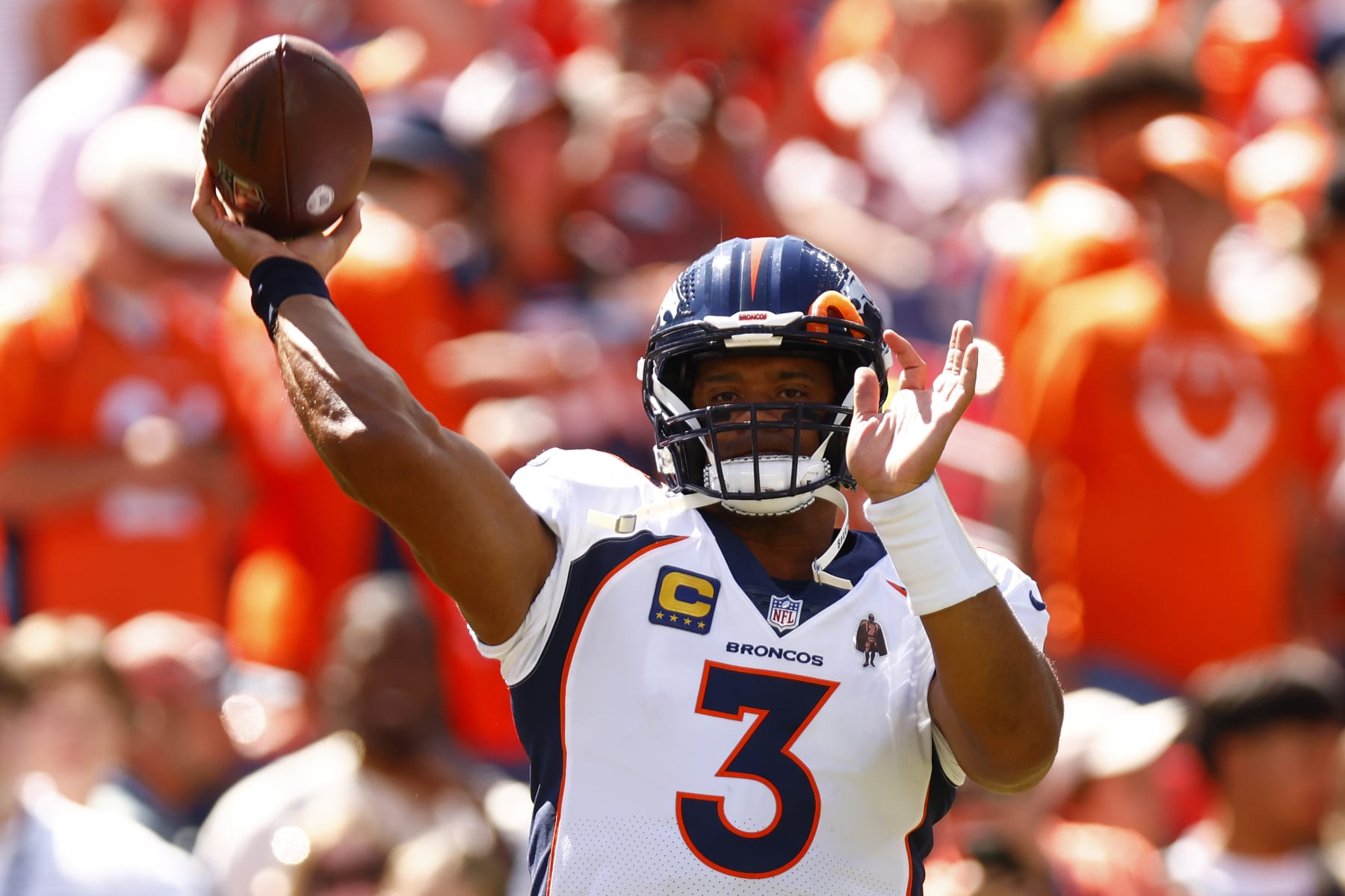 DENVER, COLORADO - SEPTEMBER 17: Russell Wilson #3 of the Denver Broncos warms up prior to a game against the Washington Commanders at Empower Field At Mile High on September 17, 2023 in Denver, Colorado. (Photo by Justin Edmonds/Getty Images)