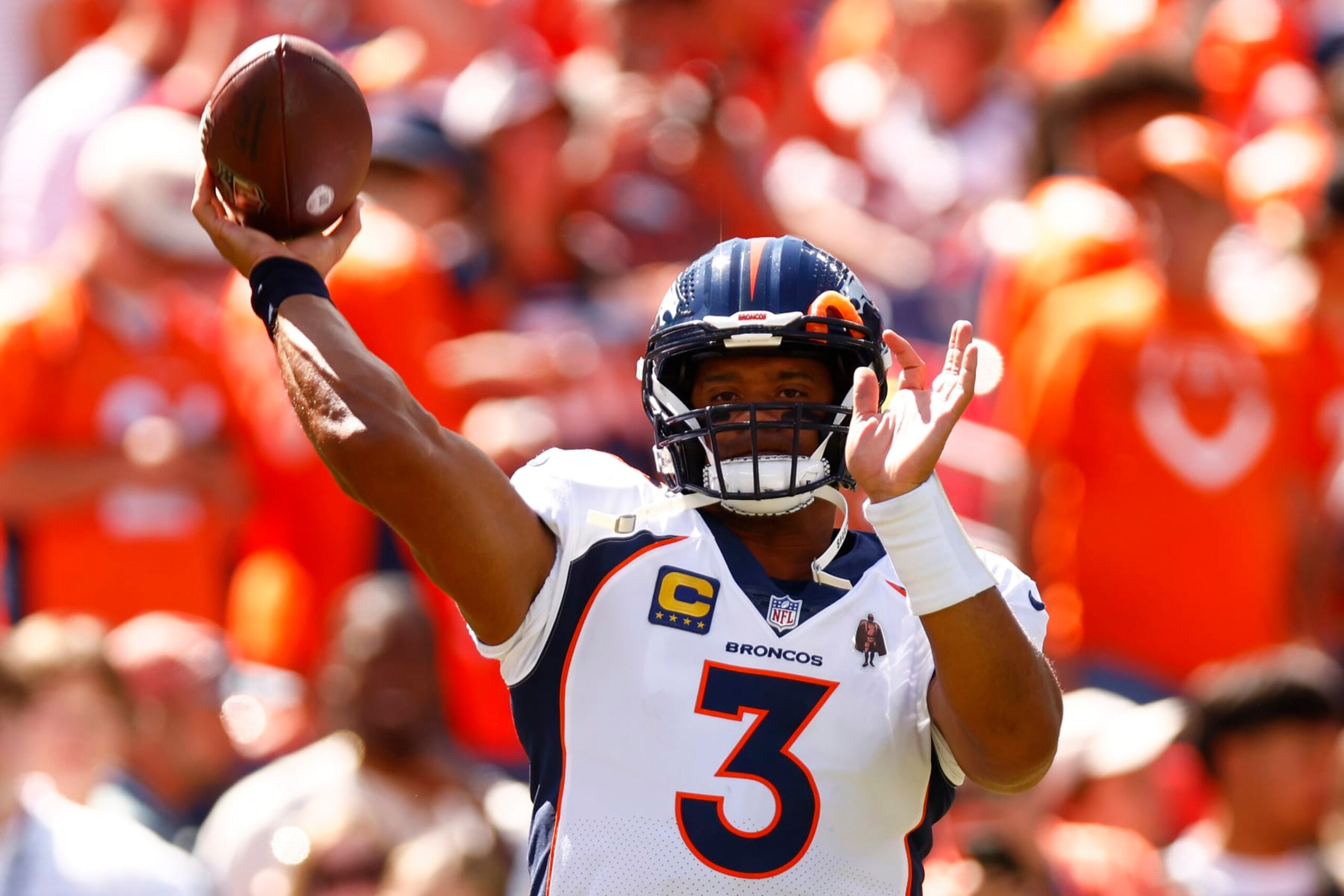 DENVER, COLORADO - SEPTEMBER 17: Russell Wilson #3 of the Denver Broncos warms up prior to a game against the Washington Commanders at Empower Field At Mile High on September 17, 2023 in Denver, Colorado. (Photo by Justin Edmonds/Getty Images)