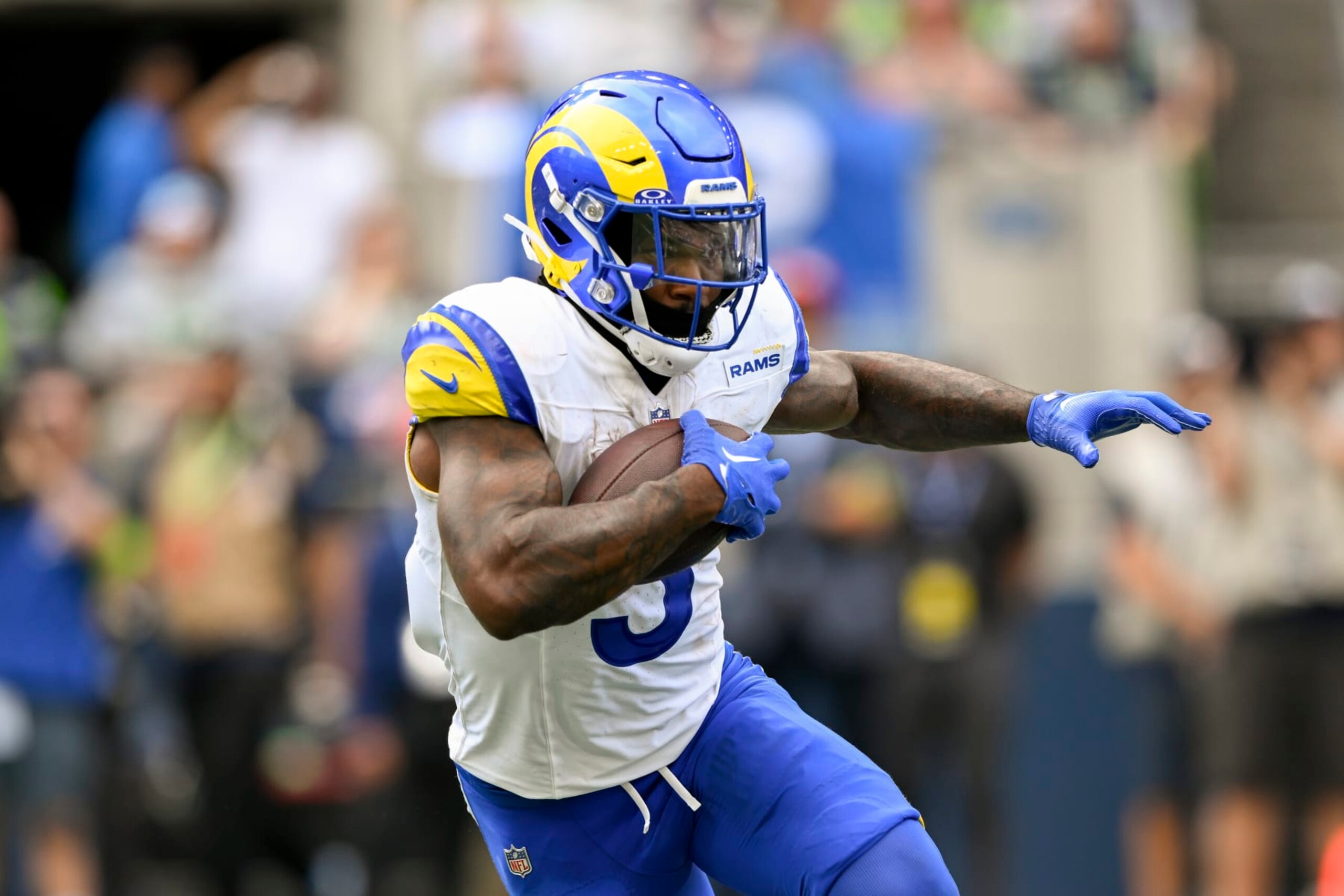 SEATTLE, WASHINGTON - SEPTEMBER 10: Cam Akers #3 of the Los Angeles Rams runs the ball during the game against the Seattle Seahawks at Lumen Field on September 10, 2023 in Seattle, Washington. The Los Angeles Rams won 30-13. (Photo by Alika Jenner/Getty Images) SEATTLE, WASHINGTON - SEPTEMBER 10: Cam Akers #3 of the Los Angeles Rams runs the ball during the game against the Seattle Seahawks at Lumen Field on September 10, 2023 in Seattle, Washington. The Los Angeles Rams won 30-13. (Photo by Alika Jenner/Getty Images)