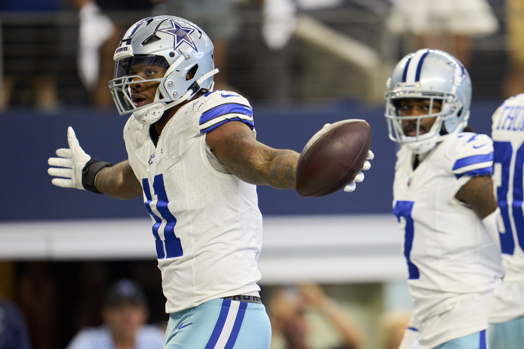 ARLINGTON, TX - SEPTEMBER 17: Micah Parsons #11 of the Dallas Cowboys celebrates after recovering a fumble against the New York Jets during the second half at AT&T Stadium on September 17, 2023 in Arlington, Texas. (Photo by Cooper Neill/Getty Images)