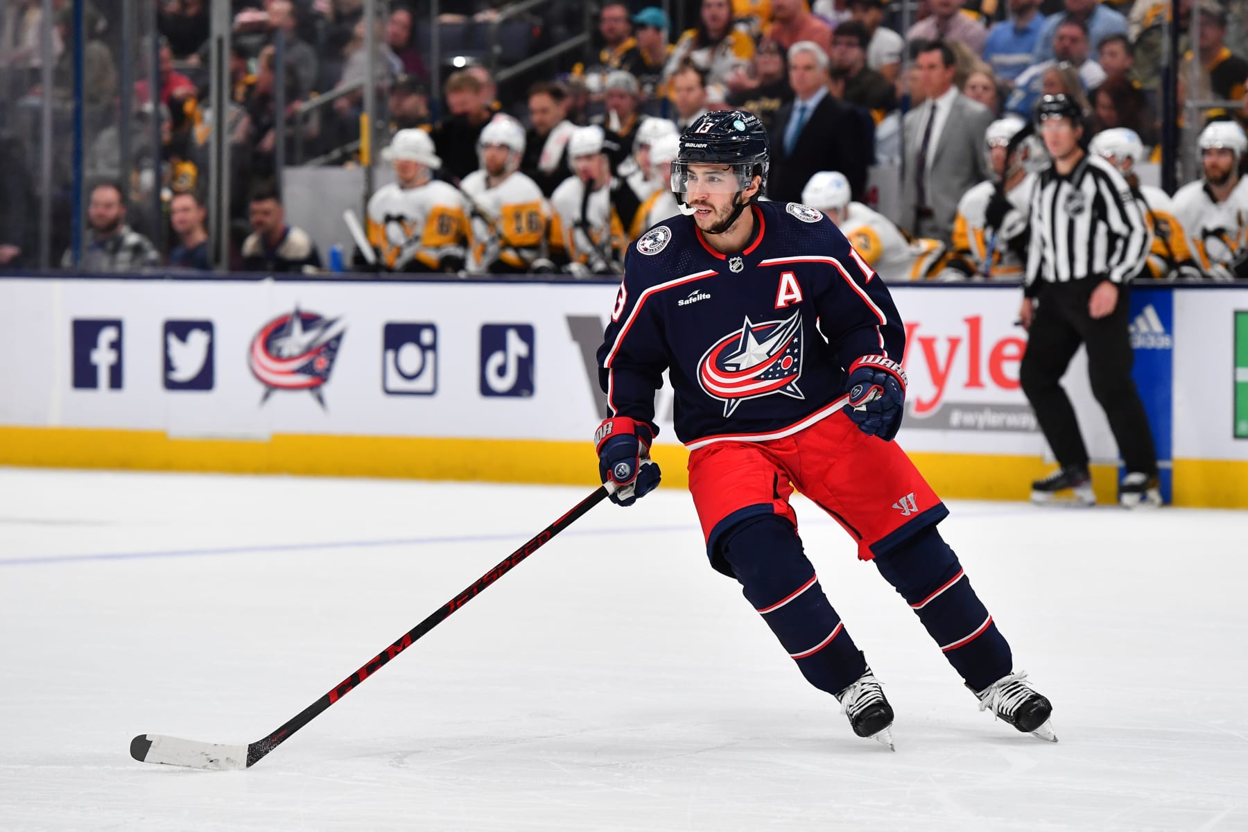 COLUMBUS, OHIO - APRIL 13: Johnny Gaudreau #13 of the Columbus Blue Jackets skates during the first period of a game against the Pittsburgh Penguins at Nationwide Arena on April 13, 2023 in Columbus, Ohio. (Photo by Ben Jackson/NHLI via Getty Images)