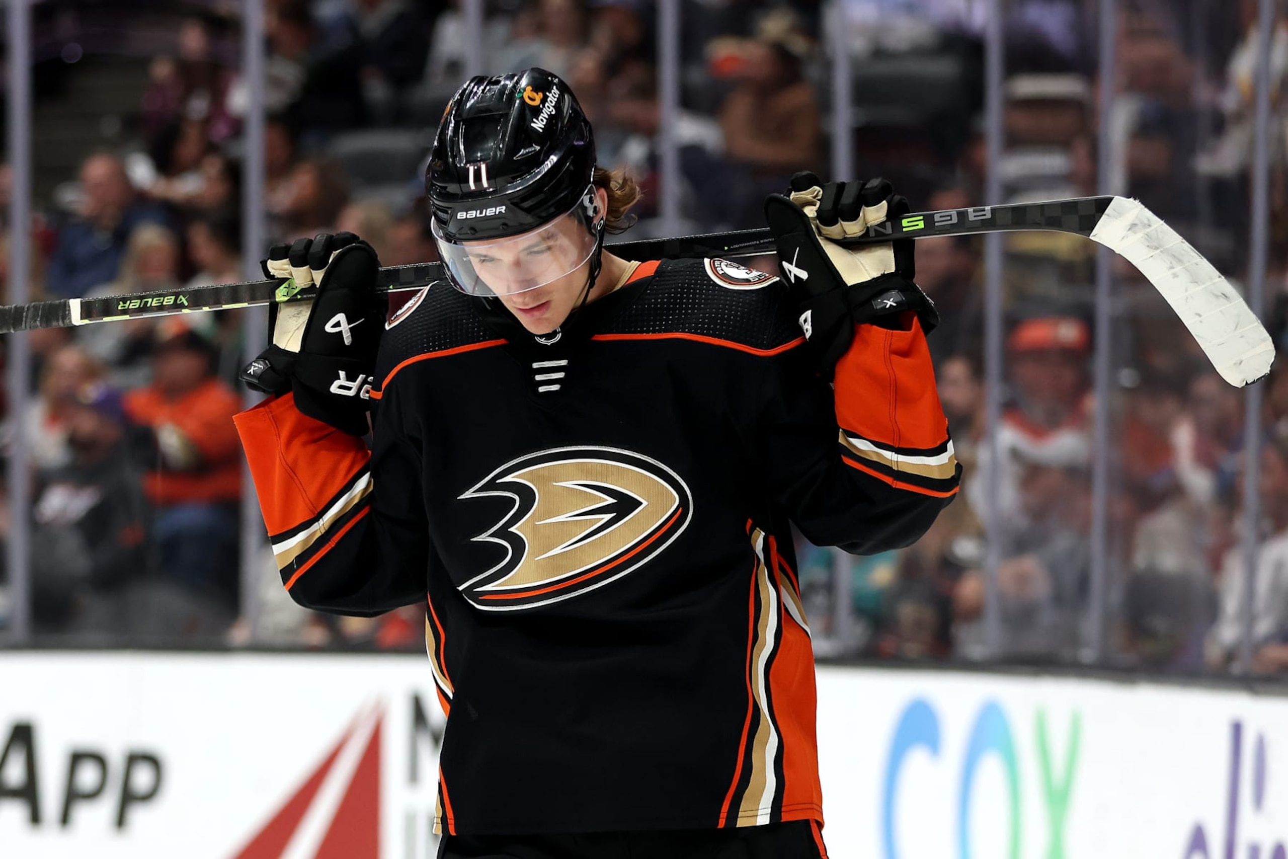ANAHEIM, CALIFORNIA - APRIL 09: Trevor Zegras #11 of the Anaheim Ducks looks on during the second period of a game against the Colorado Avalanche at Honda Center on April 09, 2023 in Anaheim, California. (Photo by Sean M. Haffey/Getty Images)